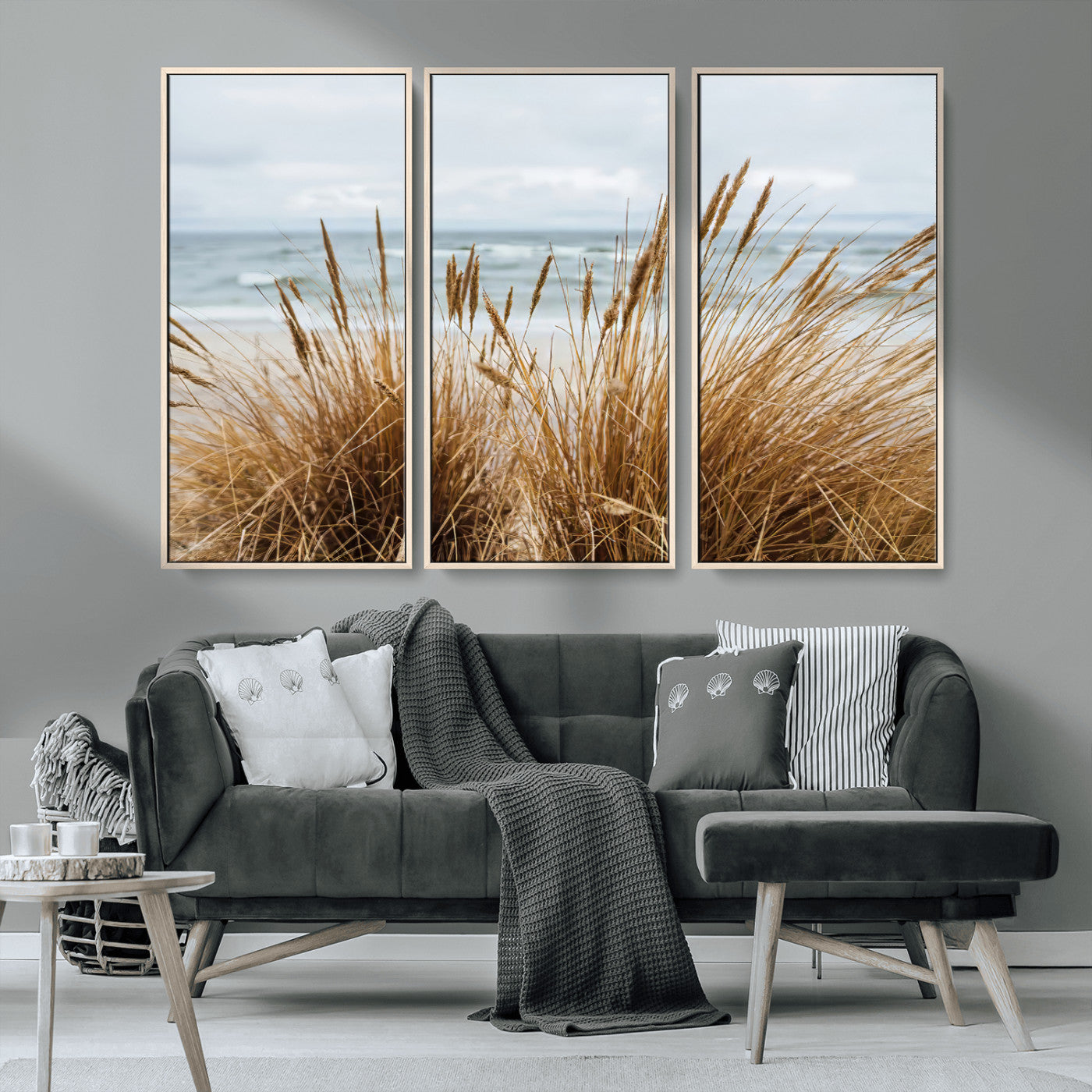 MGV-FC-48X32-3P - Beach Grass Wall Art Canvas Print, Framed Coastal Dunes Art Picture Print, Dune Grass Perfect Coastal Minimalist Decor Artwork