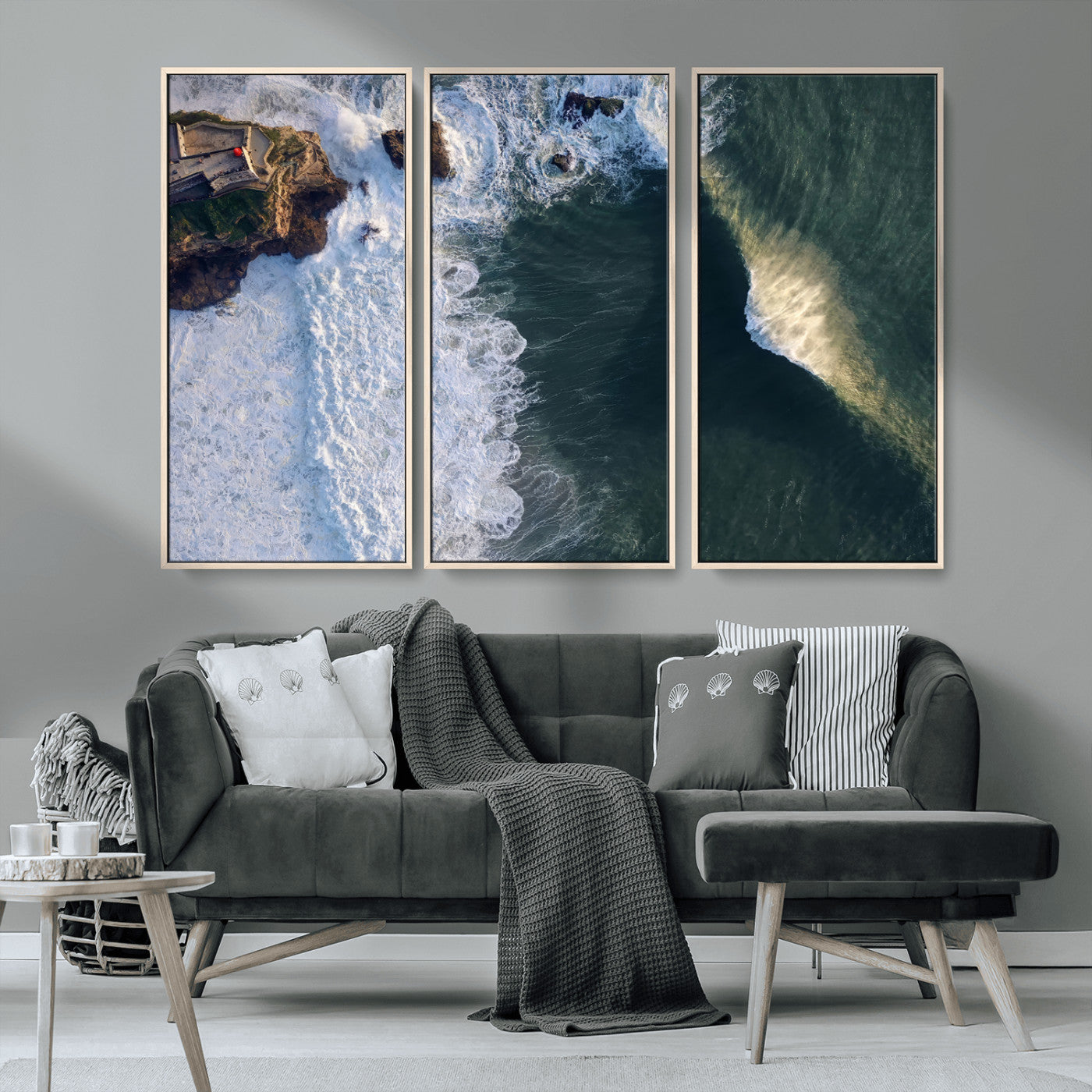 MGV-FC-48X32-3P - Nazaré Coast Wall Art Canvas Print, Framed Aerial Ocean Art Picture Print, Coastal Fortress Perfect Dramatic Coastal Decor Artwork
