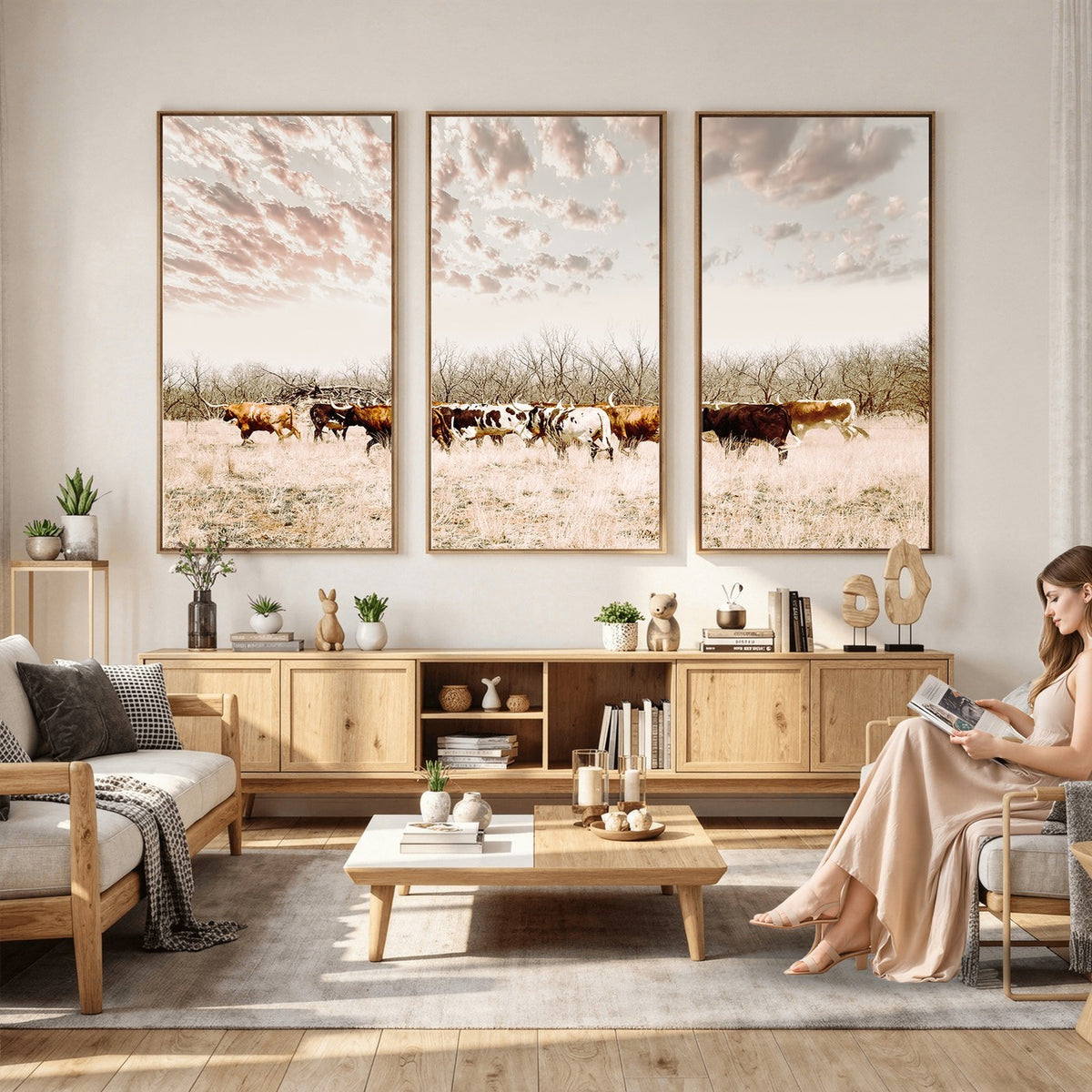 64892775-MGV-CV-24X16 - Longhorn Cattle Wall Art Canvas Print, Framed Texas Ranch Art, Western Cow Print, Prairie Landscape Decor