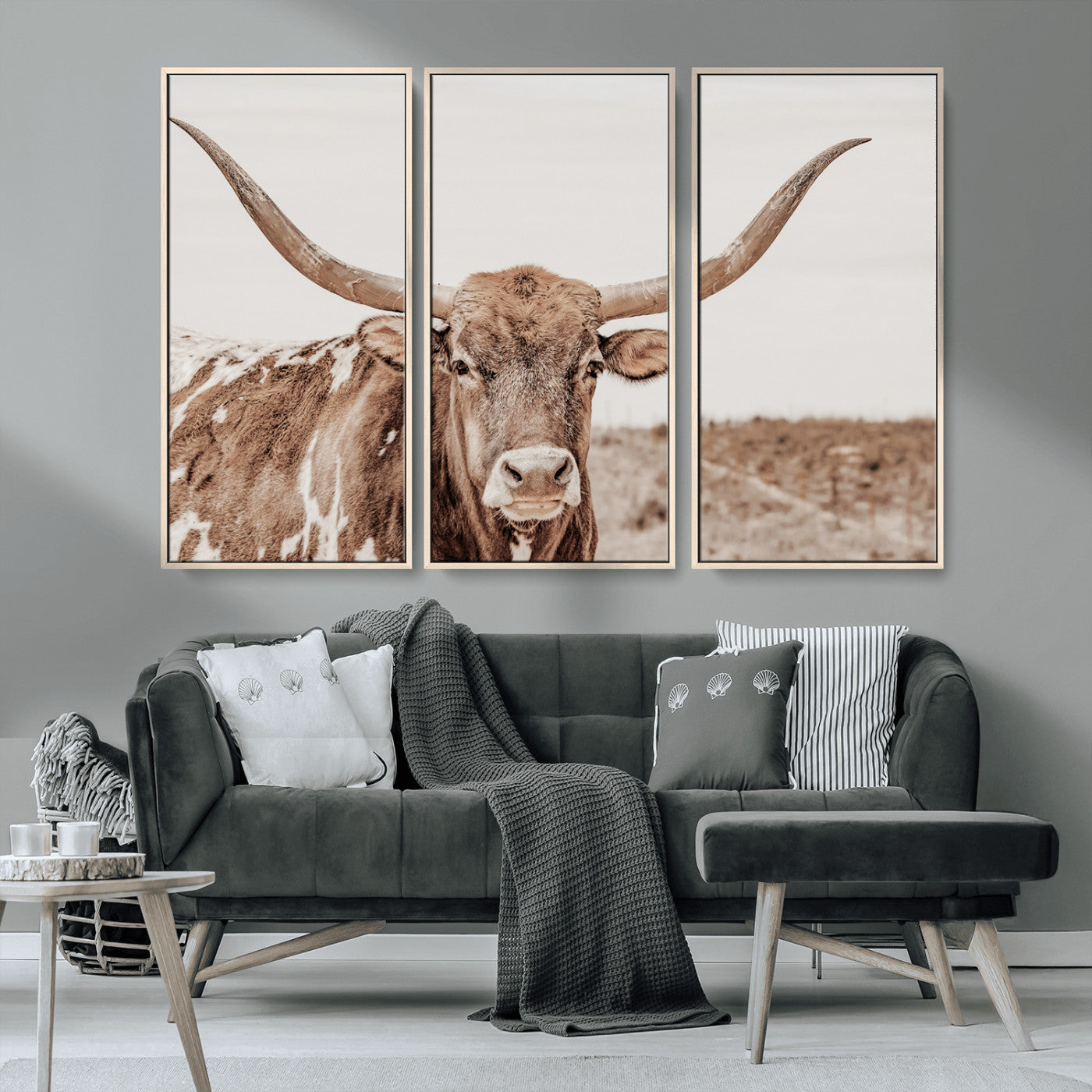 MGV-FC-48X32-3P - Longhorn Cow Wall Art Canvas Print, Framed Texas Ranch Art Picture Print, Western Bull Perfect County Decor Artwork