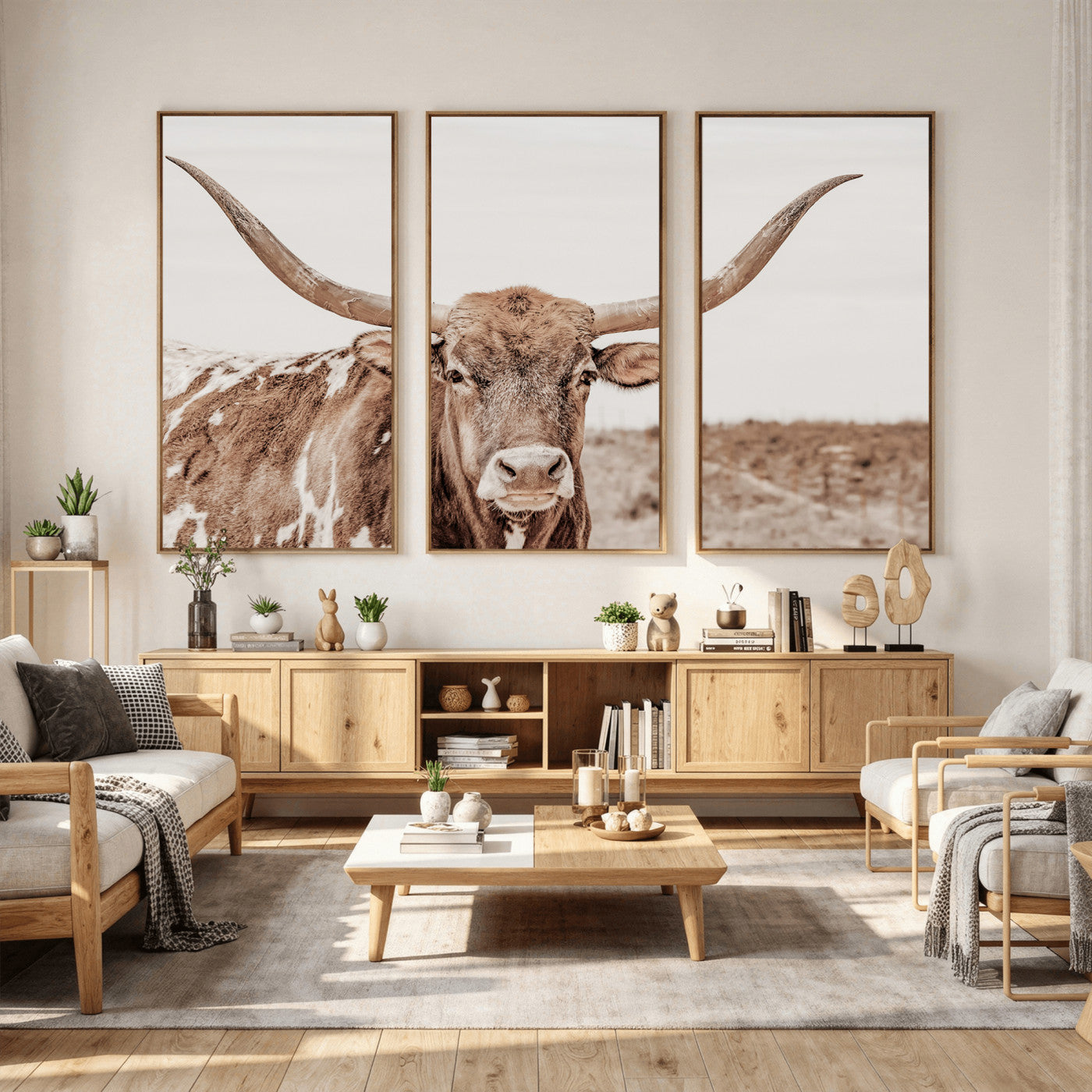 39964150-MGV-CV-36X24 - Longhorn Cow Wall Art Canvas Print, Texas Ranch Print, Framed Western Bull Art Print, Large BigHorn Cowboy Printing Perfect for County Decor