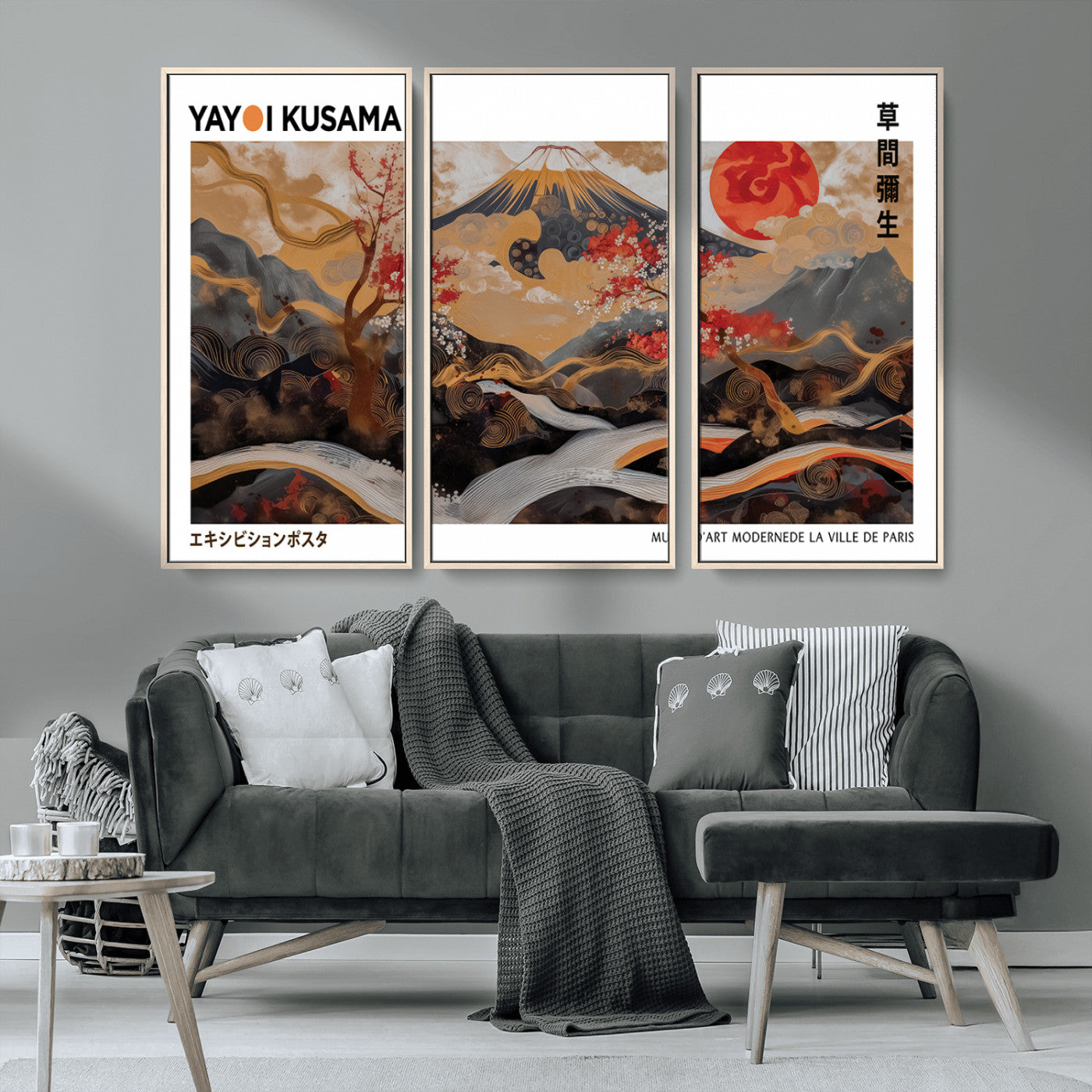 MGV-FC-48X32-3P - Modern Japanese Wall Art Print Yayoi Kusama Canvas Wall Art Abstract Mount Fuji Canvas Print