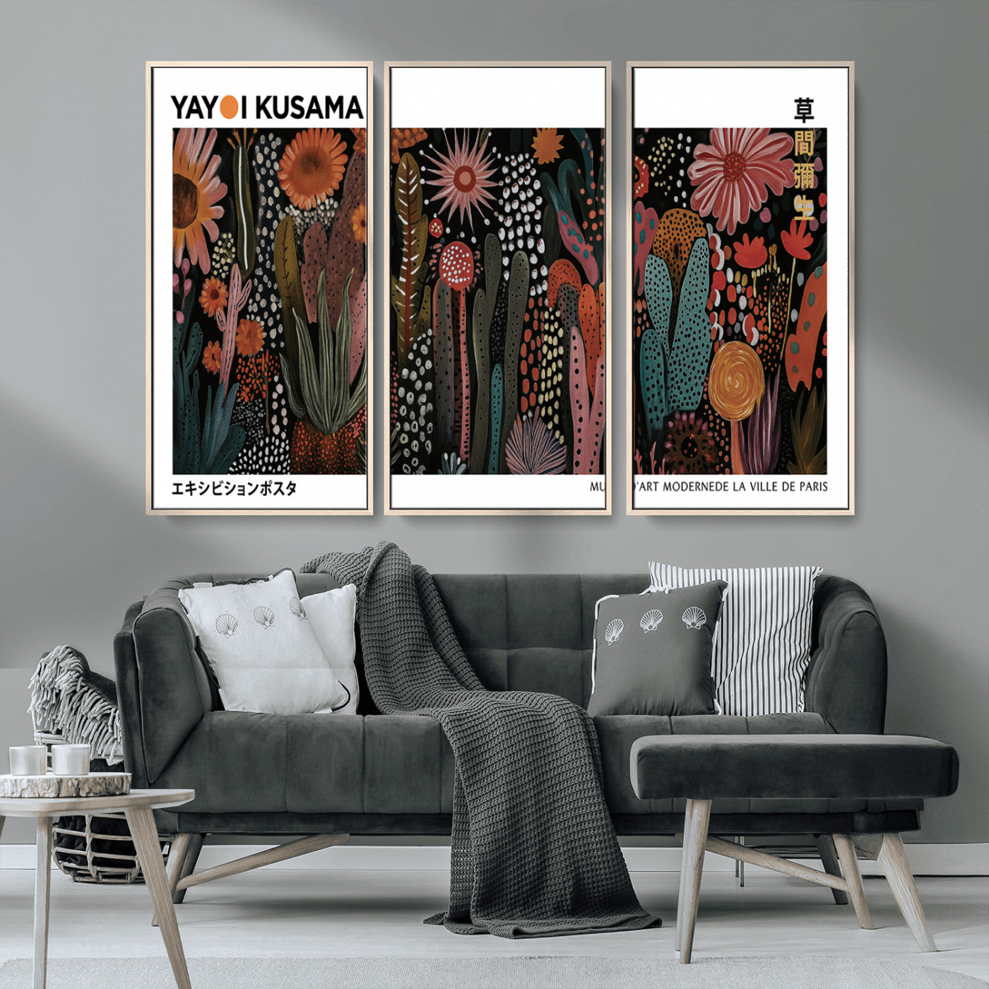 MGV-FC-48X32-3P - Modern Japanese Wall Art Print, Framed Yayoi Kusama Artwork, Abstract Mount Fuji Canvas Print,