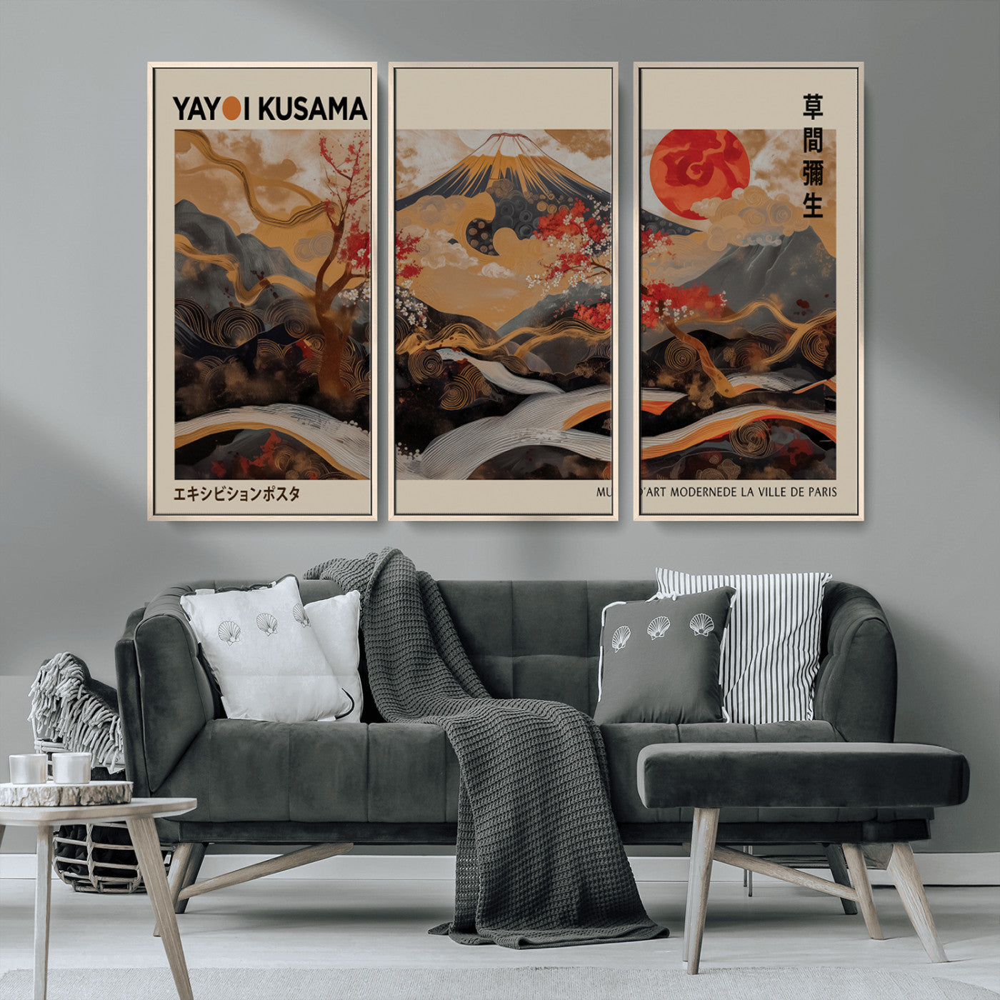 MGV-FC-48X32-3P - Modern Japanese Wall Art Print Yayoi Kusama Canvas Wall Art Abstract Mount Fuji Canvas Print