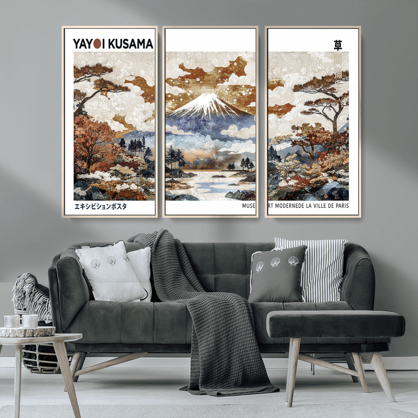 MGV-FC-48X32-3P - Modern Japanese Wall Art Print Yayoi Kusama Canvas Wall Art Abstract Mount Fuji Canvas Print