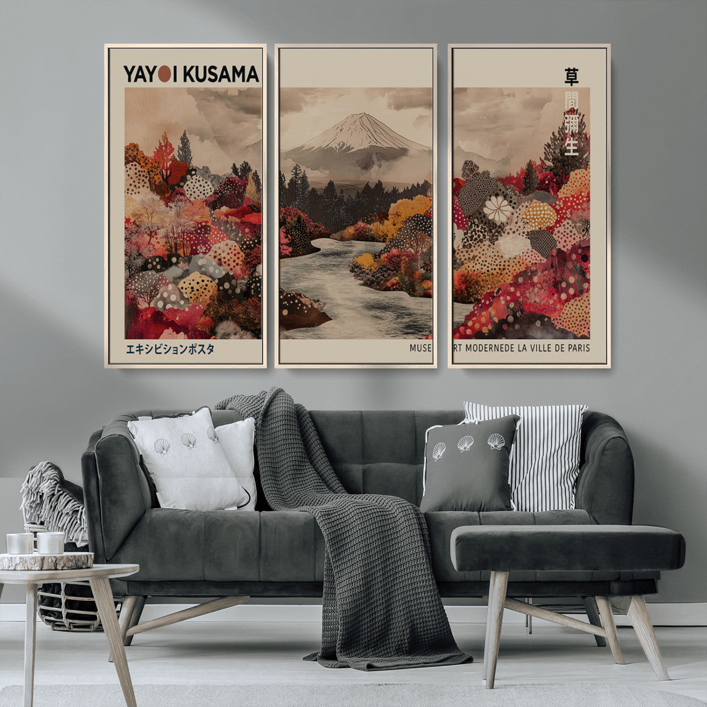 MGV-FC-48X32-3P - Modern Japanese Wall Art Print Yayoi Kusama Canvas Wall Art Abstract Mount Fuji Canvas Print