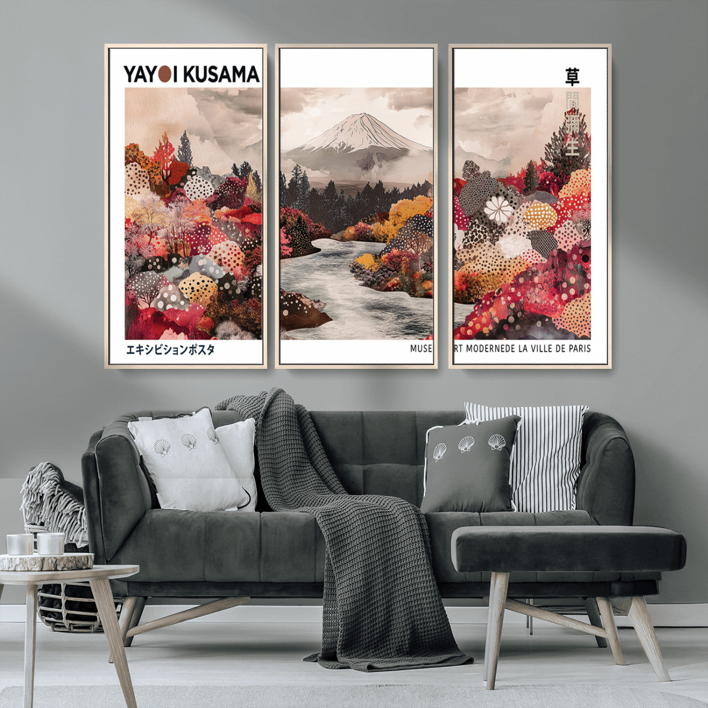 MGV-FC-48X32-3P - Modern Japanese Wall Art Print, Yayoi Kusama Canvas Wall Art, Abstract Mount Fuji Art Canvas Print,