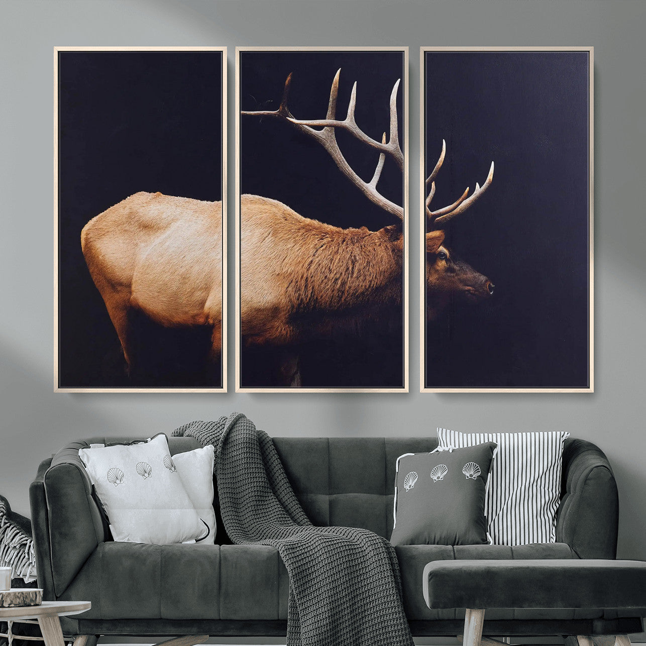 89239257-MGV-FC-48X32-3P - Rustic Elk Wall Art Canvas Print – Framed Moody Wildlife Art Picture Western Animal Artwork for Home, Office
