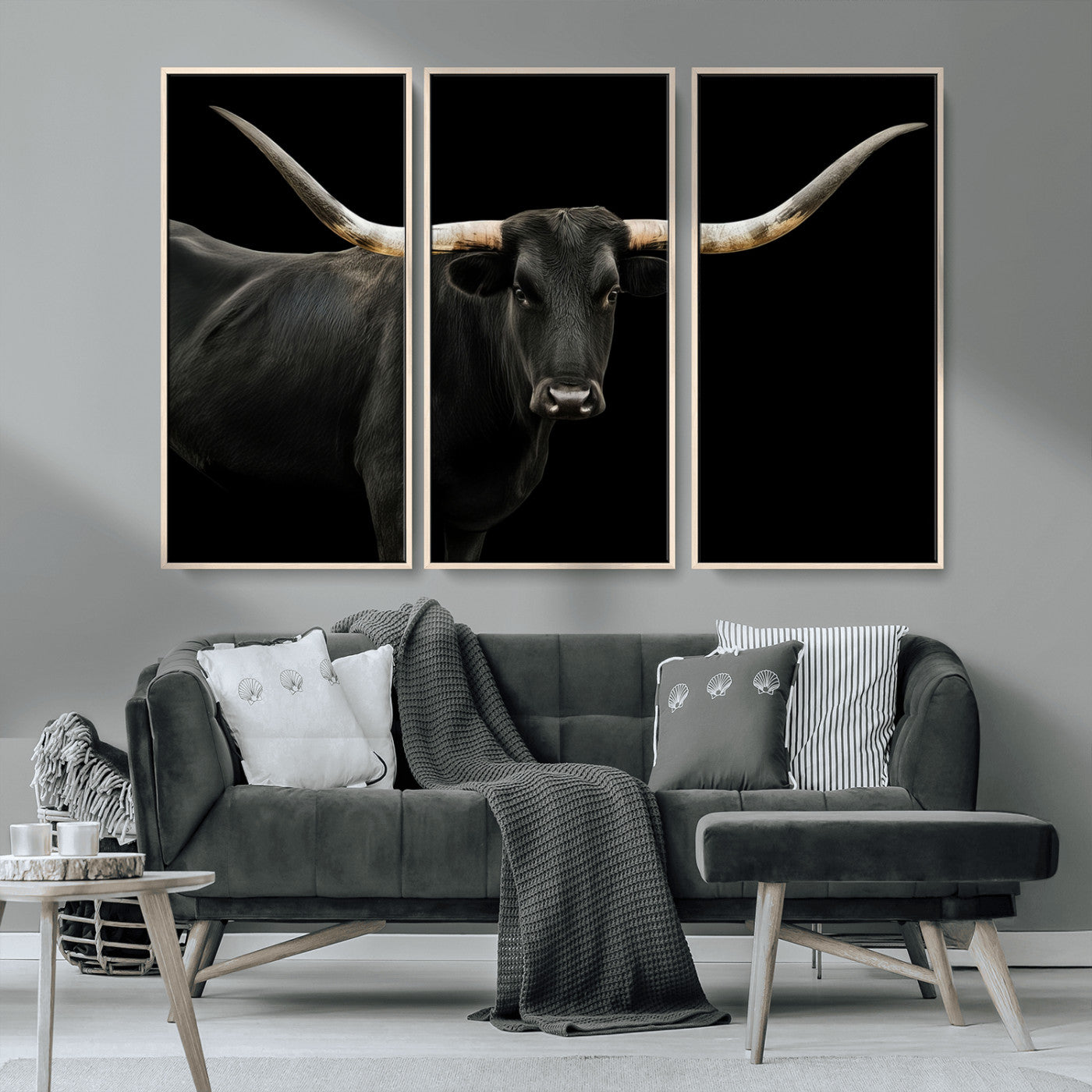 MGV-FC-48X32-3P - Texas Longhorn Wall Art Canvas Print, Framed Rustic Western Art Picture Print, Farmhouse Animal Perfect Modern Western Minimalist Decor Artwork