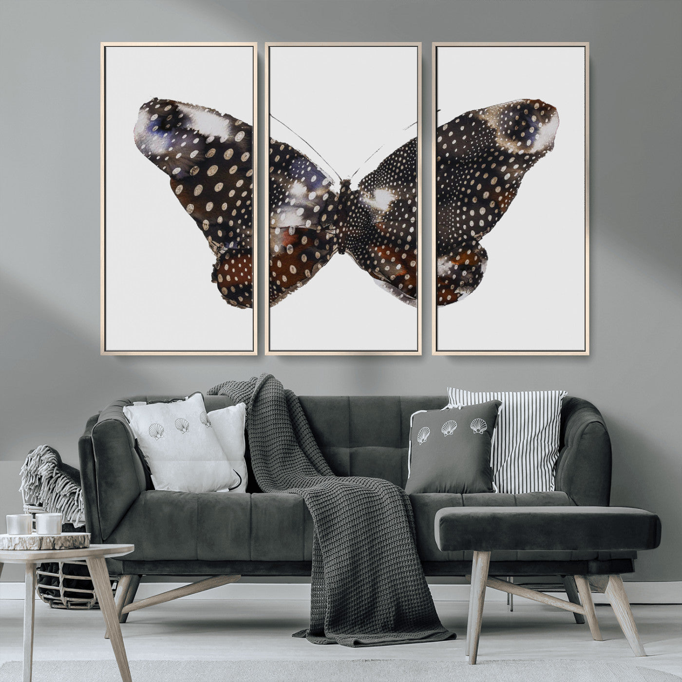 MGV-FC-48X32-3P - Spotted Butterfly Wall Art Canvas Print, Framed Neutral Insect Theme Art Picture Print, Earthy Wing Pattern Perfect Modern Rustic Decor Artwork