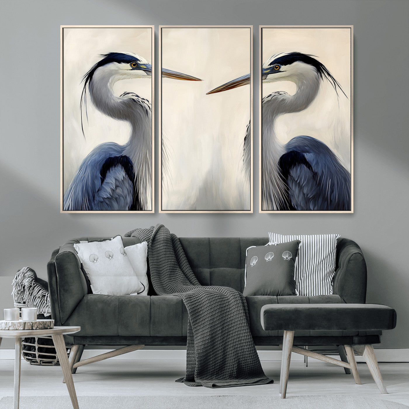 MGV-FC-48X32-3P - Blue Heron Pair Wall Art Canvas Print, Framed Coastal Bird Theme Art Picture Print, Tranquil Wildlife Scene Perfect Coastal Minimalist Decor Artwork