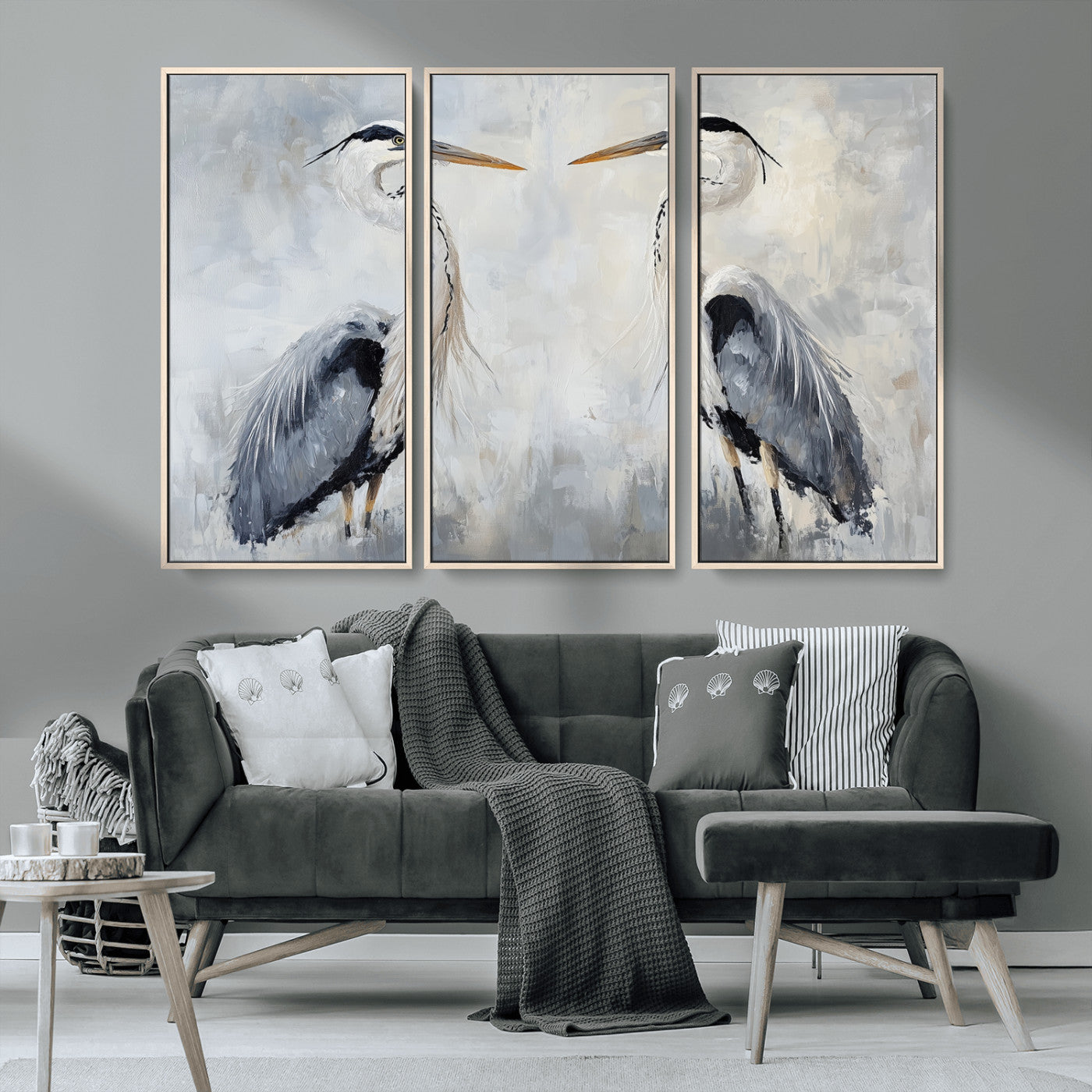 MGV-FC-48X32-3P - Heron Wall Art Wall Art Canvas Print, Framed Bird Canvas Decor Art Picture Print, Nature Inspired Perfect Coastal Minimalist Decor Artwork