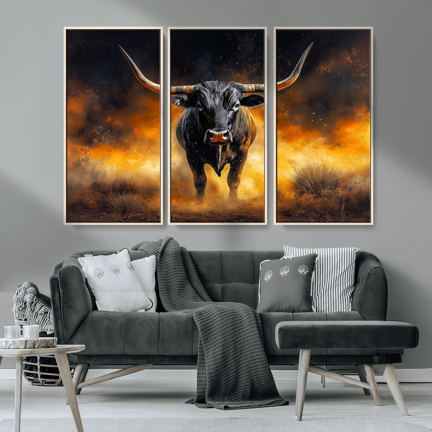 MGV-FC-48X32-3P - Longhorn Canvas Wall Art Canvas Print, Framed Bold Bull Wall Art Art Picture Print, Western Animal Decor Perfect Western Dramatic Decor Artwork