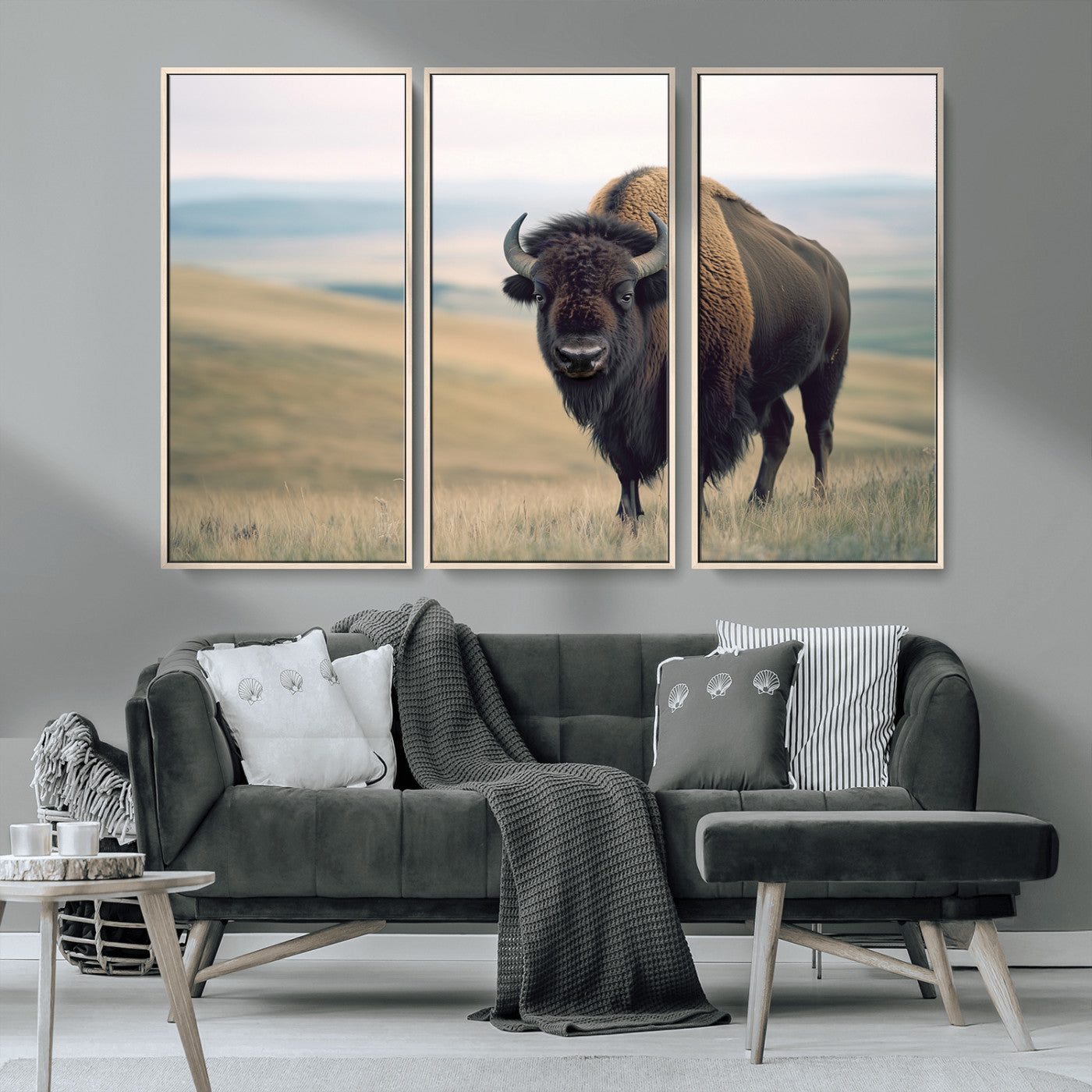 MGV-FC-48X32-3P - Bison Wall Art Wall Art Canvas Print, Framed Buffalo Canvas Print Art Picture Print, American Bison Decor Perfect Rustic Western Decor Artwork