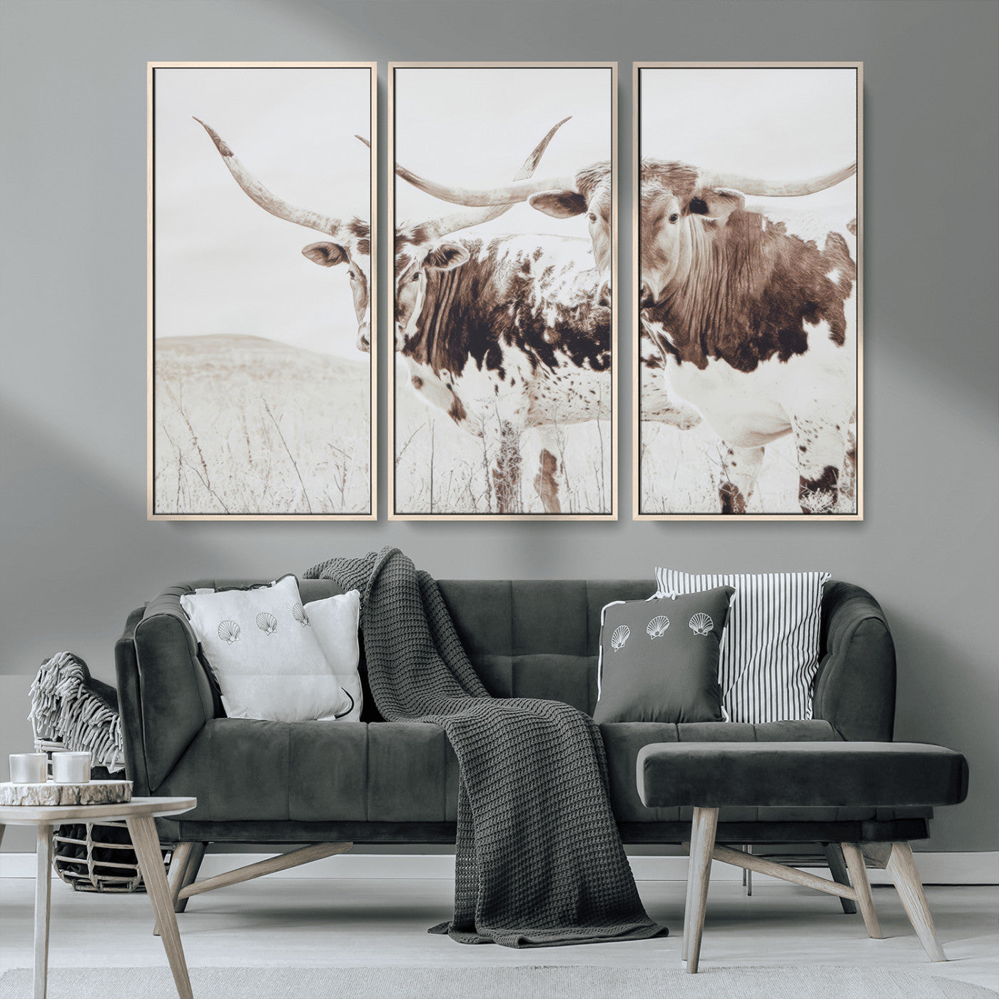 MGV-FC-48X32-3P - Longhorn Wall Art Wall Art Canvas Print, Framed Western Cow Canvas Art Picture Print, Rustic Farm Decor Perfect Rustic Farmhouse Decor Artwork