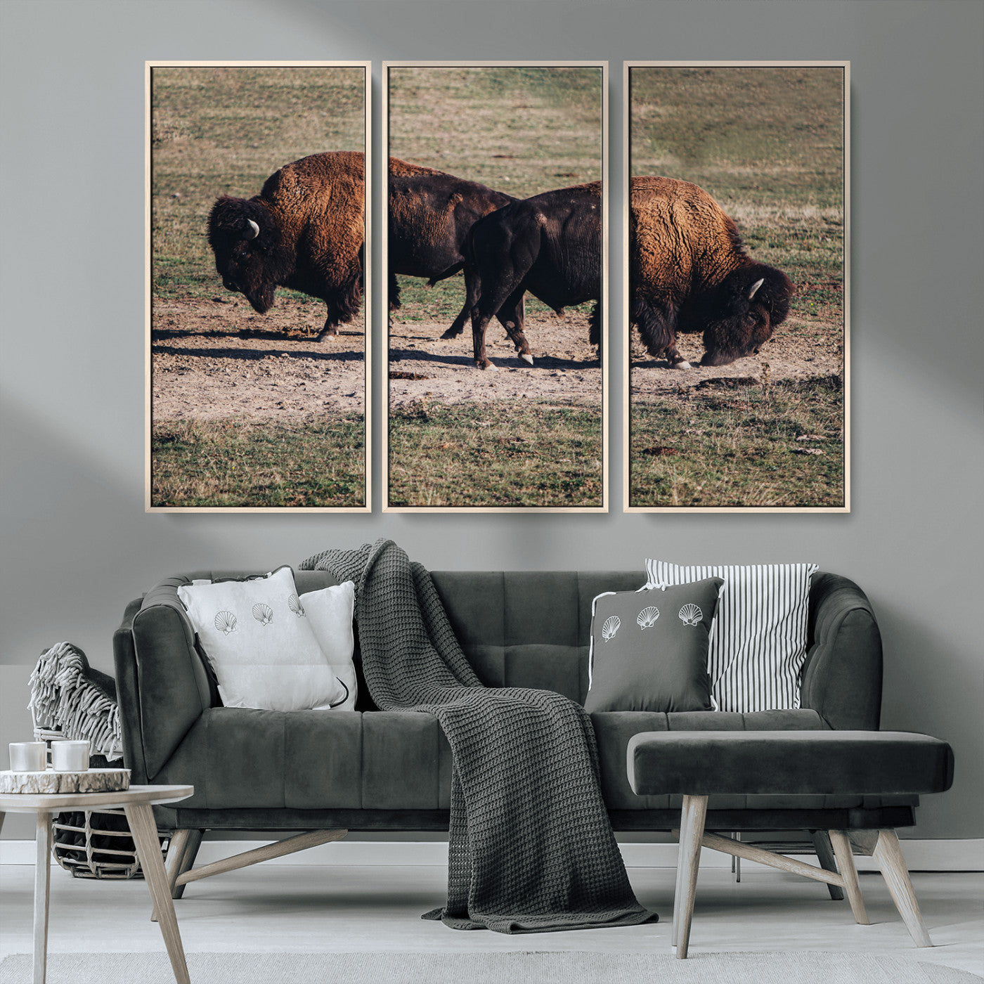 MGV-FC-48X32-3P - Bison Photography Wall Art Canvas Print, Framed Western Wildlife Art Picture Print, Modern Ranch Perfect Western Rustic Decor Artwork