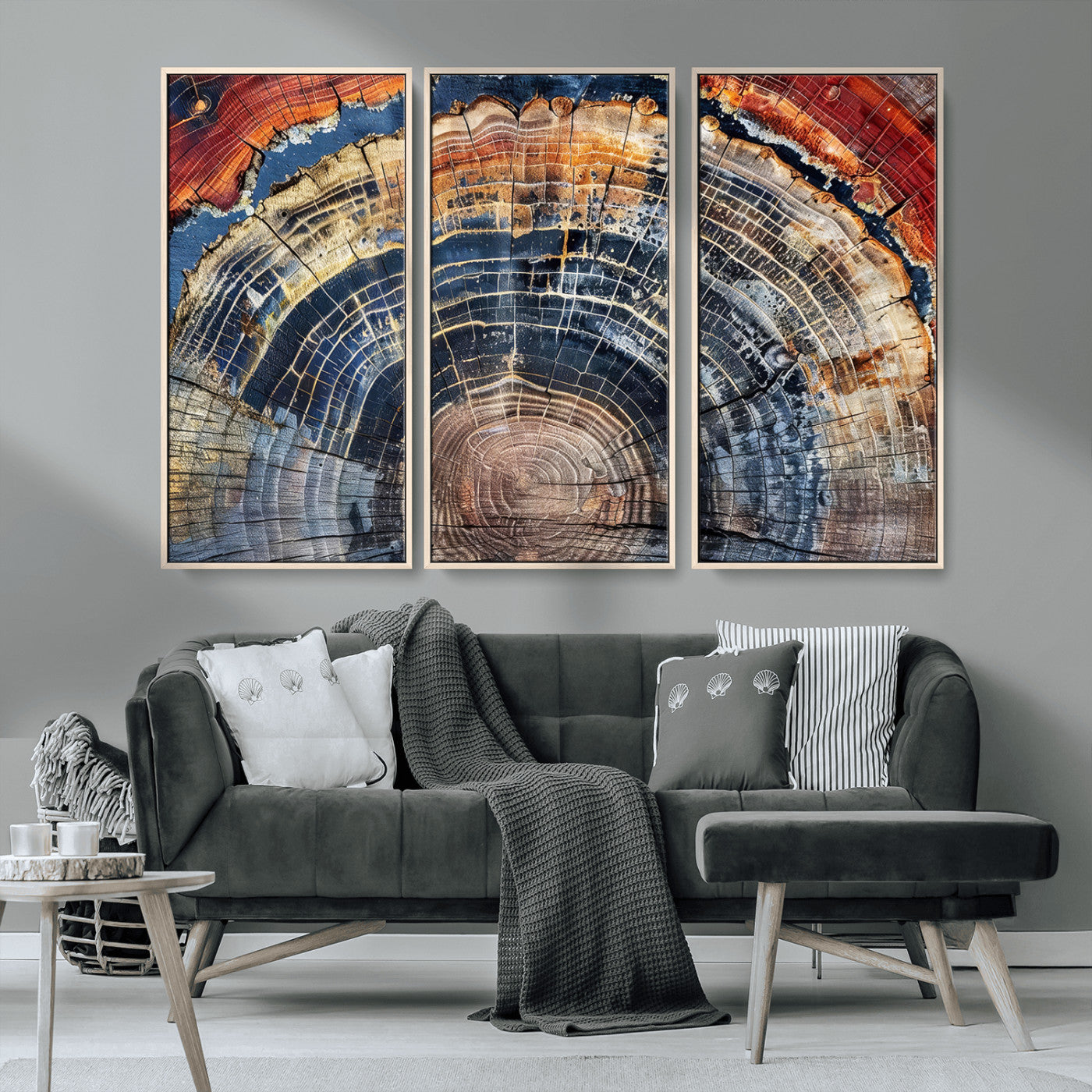MGV-FC-48X32-3P - Tree Rings Wall Art Canvas Print, Framed Wood Texture Art Picture Print, Petrified Wood Perfect Modern Rustic Decor Artwork