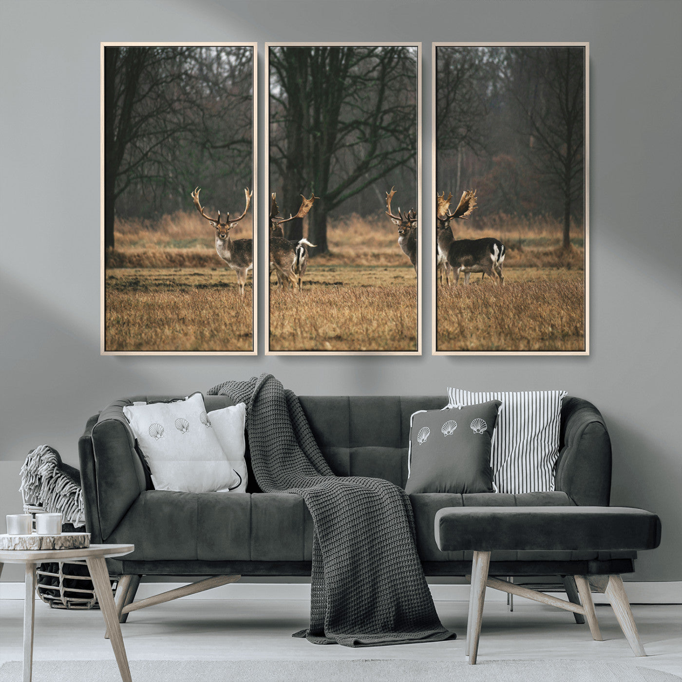 MGV-FC-48X32-3P - Deer Photography Wall Art Canvas Print, Framed Rustic Wildlife Art Picture Print, Stags In Forest Perfect Rustic Wilderness Decor Artwork
