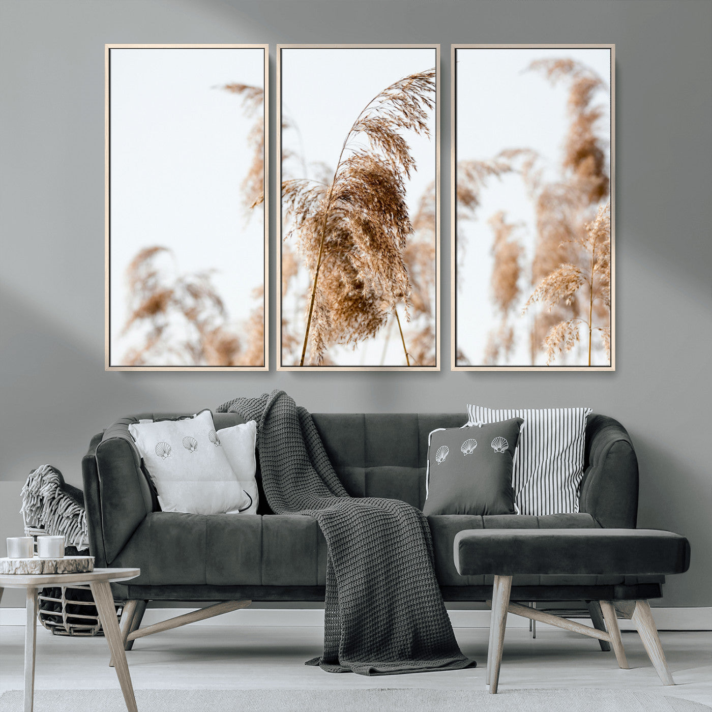 MGV-FC-48X32-3P - Pampas Grass Wall Art Canvas Print, Framed Neutral Tones Art Picture Print, Minimalist Nature Perfect Boho Decor Artwork