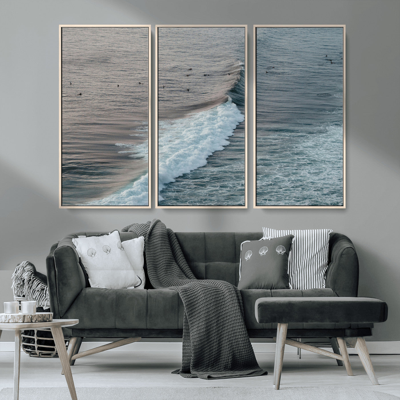 MGV-FC-48X32-3P - Ocean Waves Wall Art Canvas Print, Framed Coastal Serenity Art Picture Print, Surf Perfect Coastal Decor Artwork