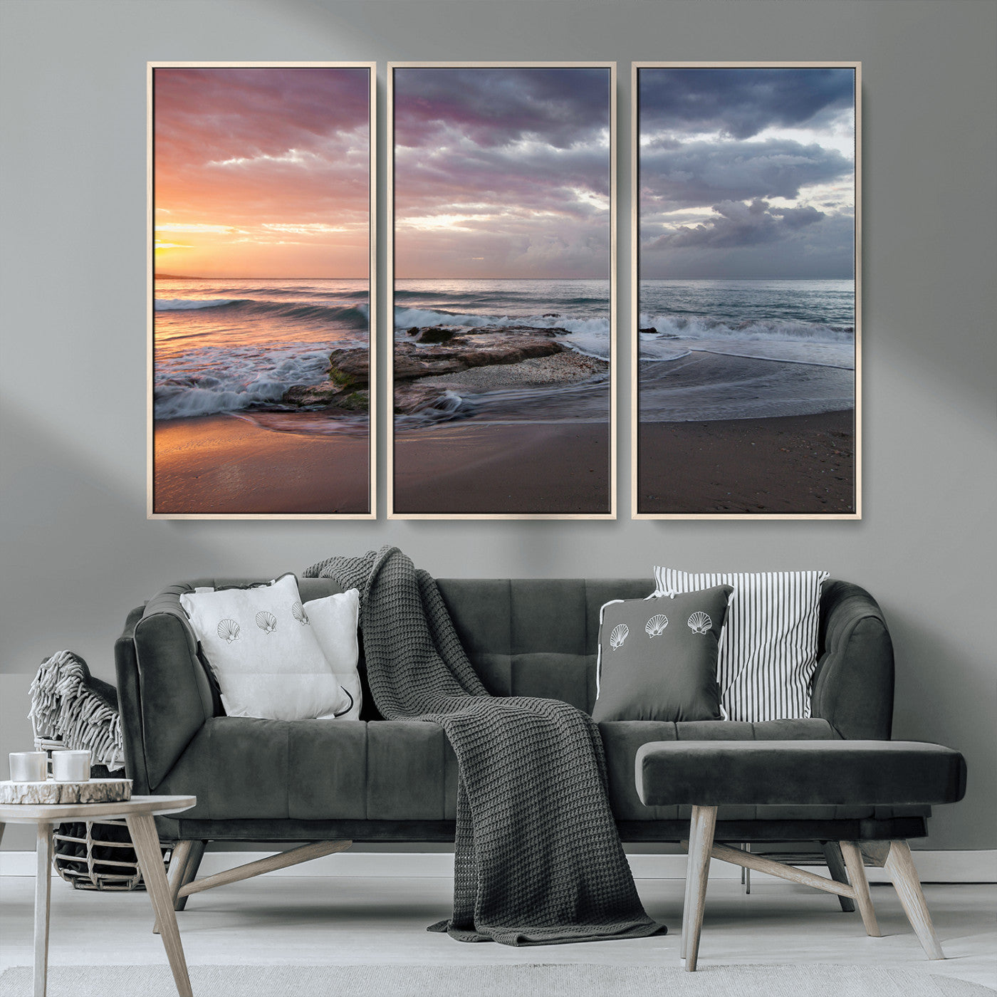 MGV-FC-48X32-3P - Golden Hour Wall Art Canvas Print, Framed Tranquil Waves Art Picture Print, Beach Perfect Coastal Serenity Decor Artwork