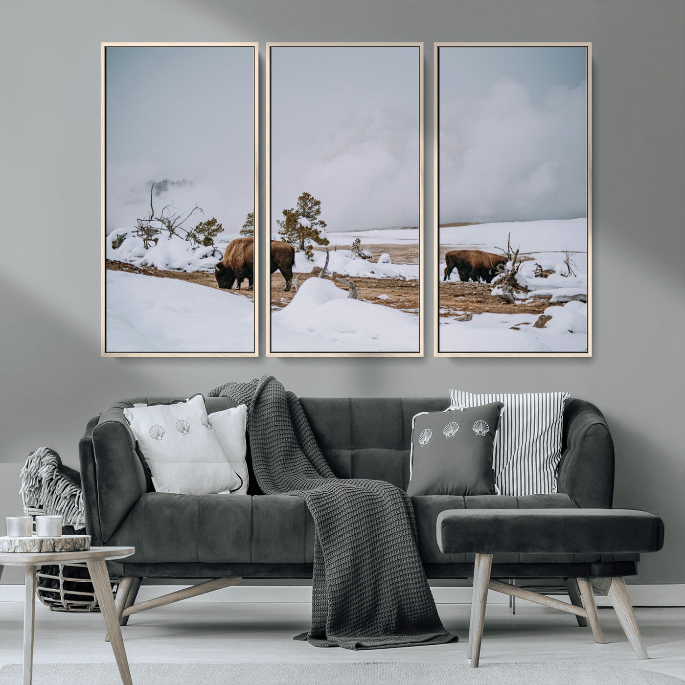 MGV-FC-48X32-3P - Bison Wildlife Wall Art Canvas Print, Framed Snowy Prairie Art Picture Print, Western Perfect Rustic Decor Artwork