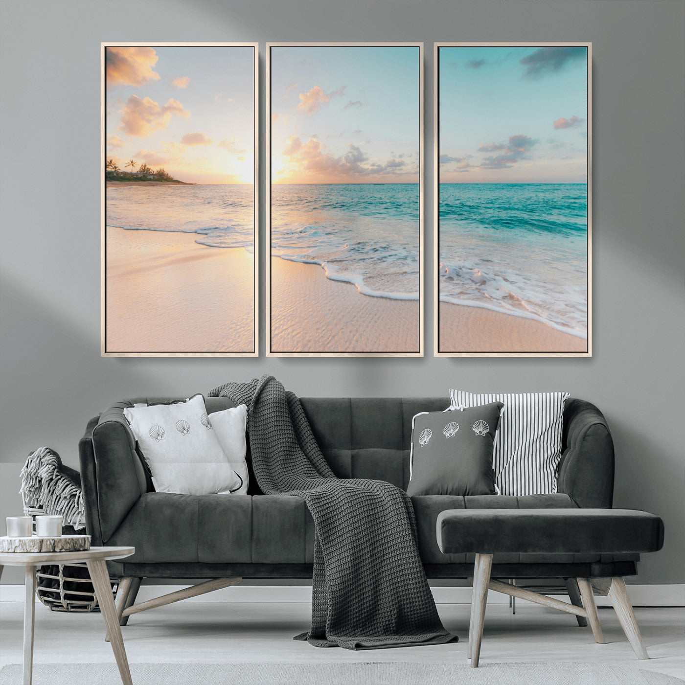 MGV-FC-48X32-3P - Beach Sunset Wall Art Canvas Print, Framed Ocean Waves Art Picture Print, Summer Escape Perfect Coastal Decor Artwork