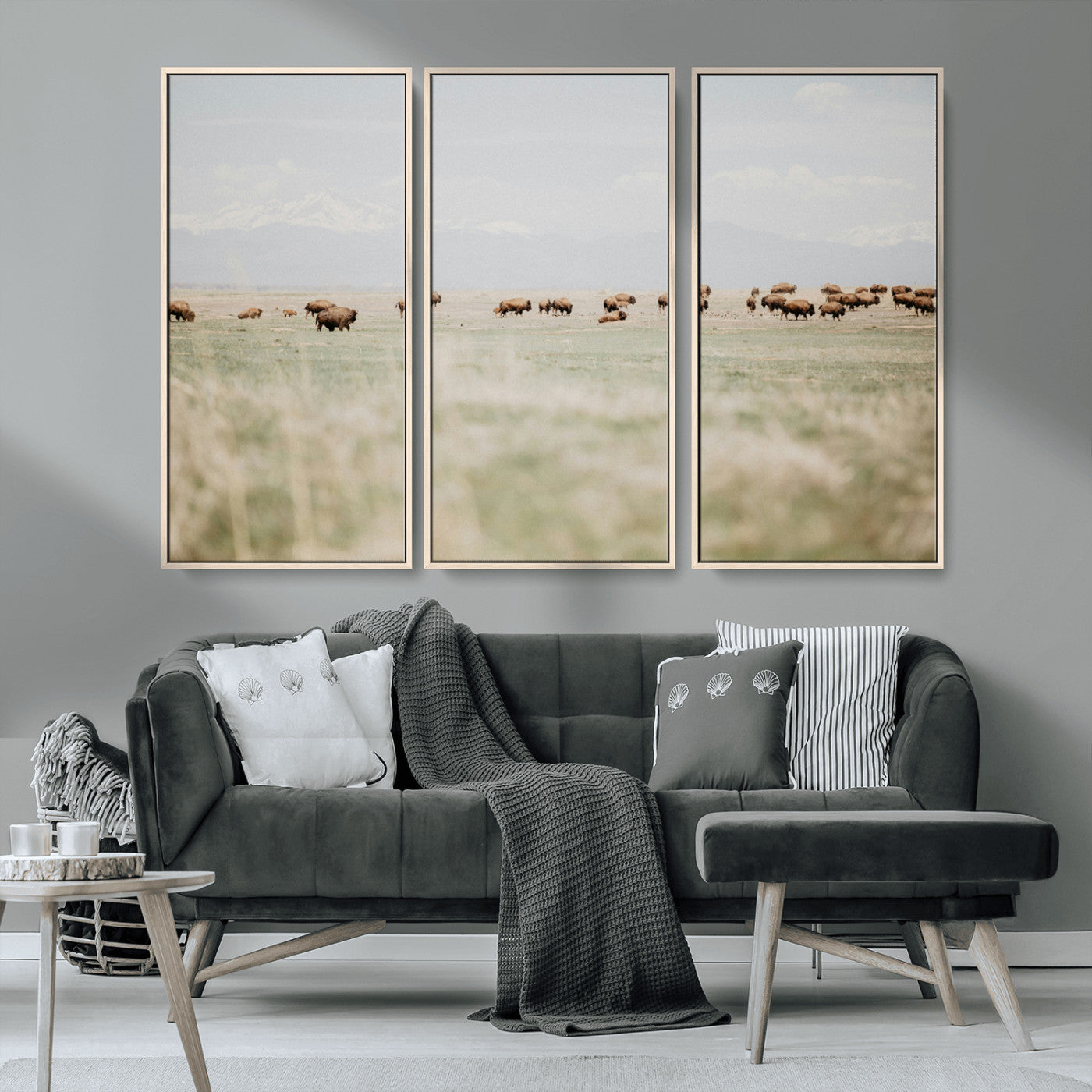 MGV-FC-48X32-3P - Bison Herd Wall Art Canvas Print, Framed Western Art Picture Print, Bison Perfect Ranch Decor Artwork