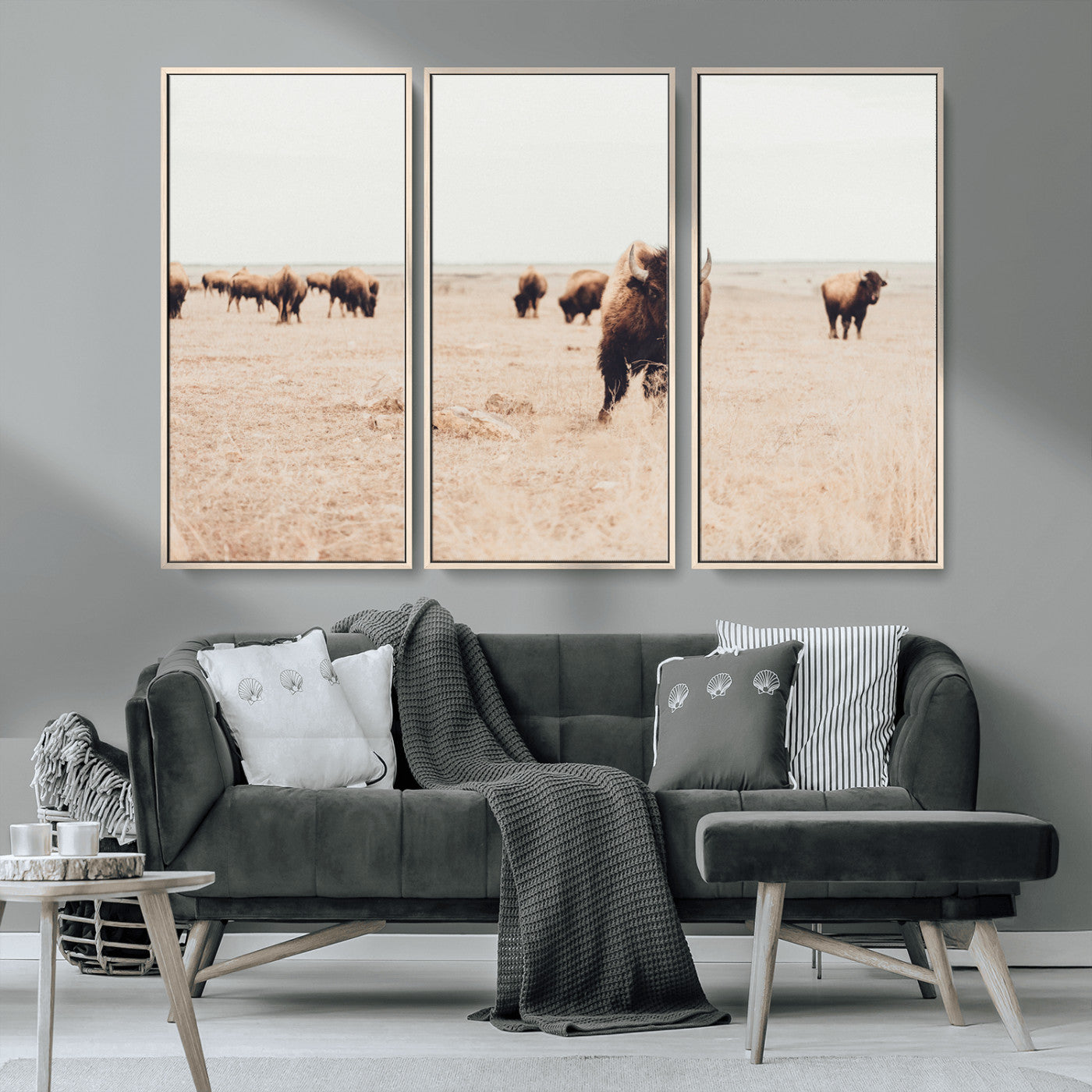 MGV-FC-48X32-3P - Bison Herd Wall Art Canvas Print, Framed Western Art Picture Print, Prairie Serenity Perfect Ranch Decor Artwork