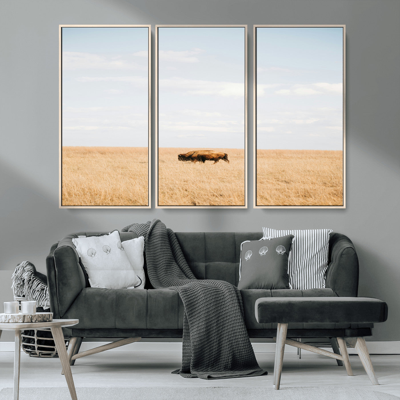 MGV-FC-48X32-3P - Minimalist Nature Wall Art Canvas Print, Framed Bison In Grassland Art Picture Print, Open Field Perfect Modern Ranch Decor Decor Artwork
