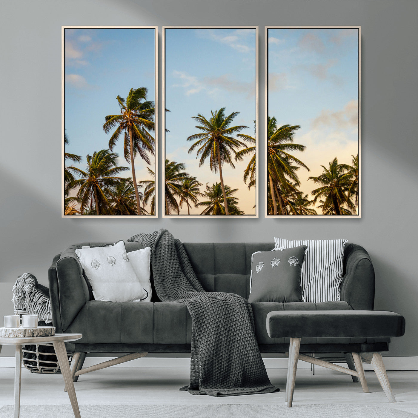 MGV-FC-48X32-3P - Palm Trees Wall Art Canvas Print, Framed Tropical Vibes Art Picture Print, Coastal Sunset Perfect Coastal Boho Decor Artwork