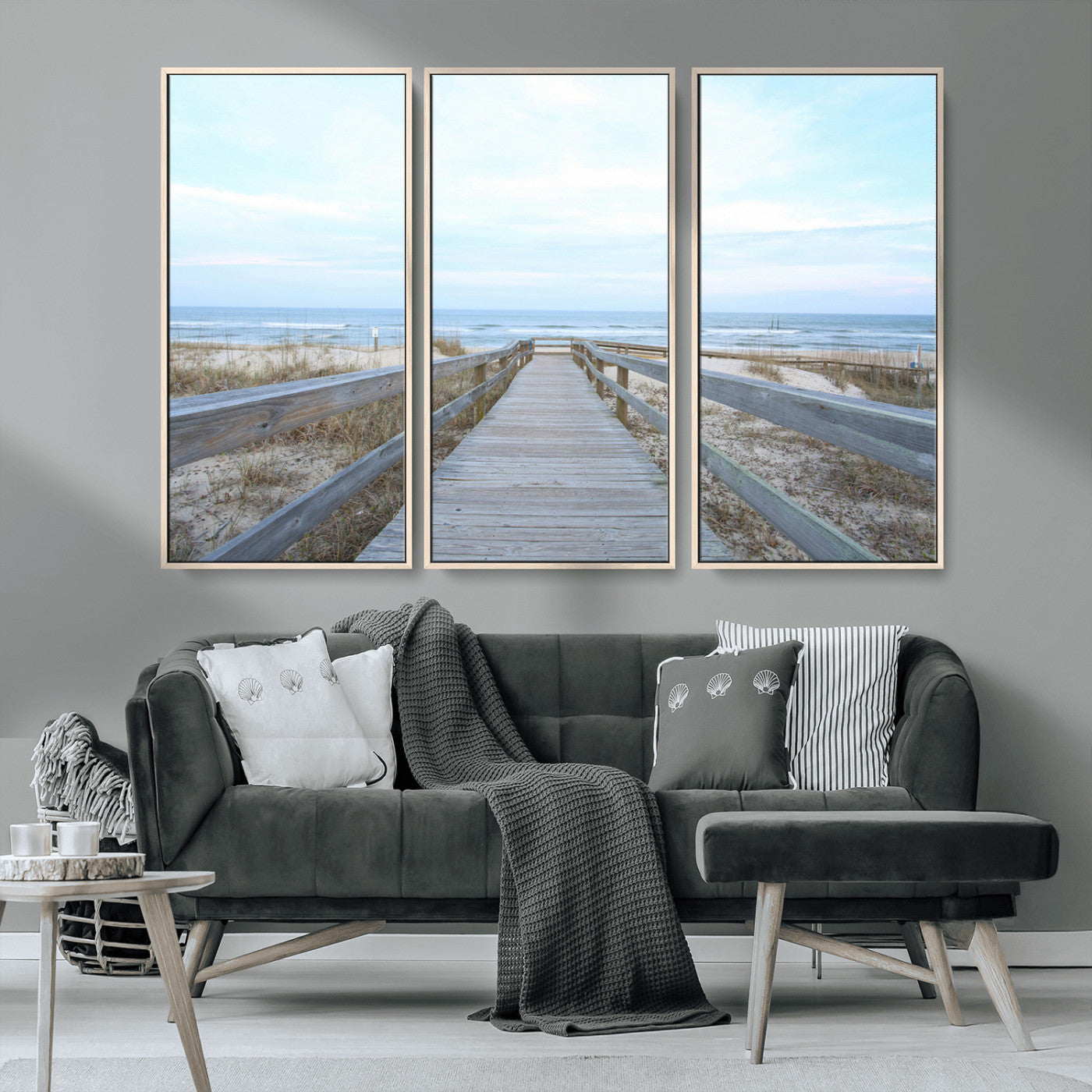 MGV-FC-48X32-3P - Beach Boardwalk Wall Art Canvas Print, Framed Coastal Serenity Art Picture Print, Ocean View Perfect Coastal Decor Artwork