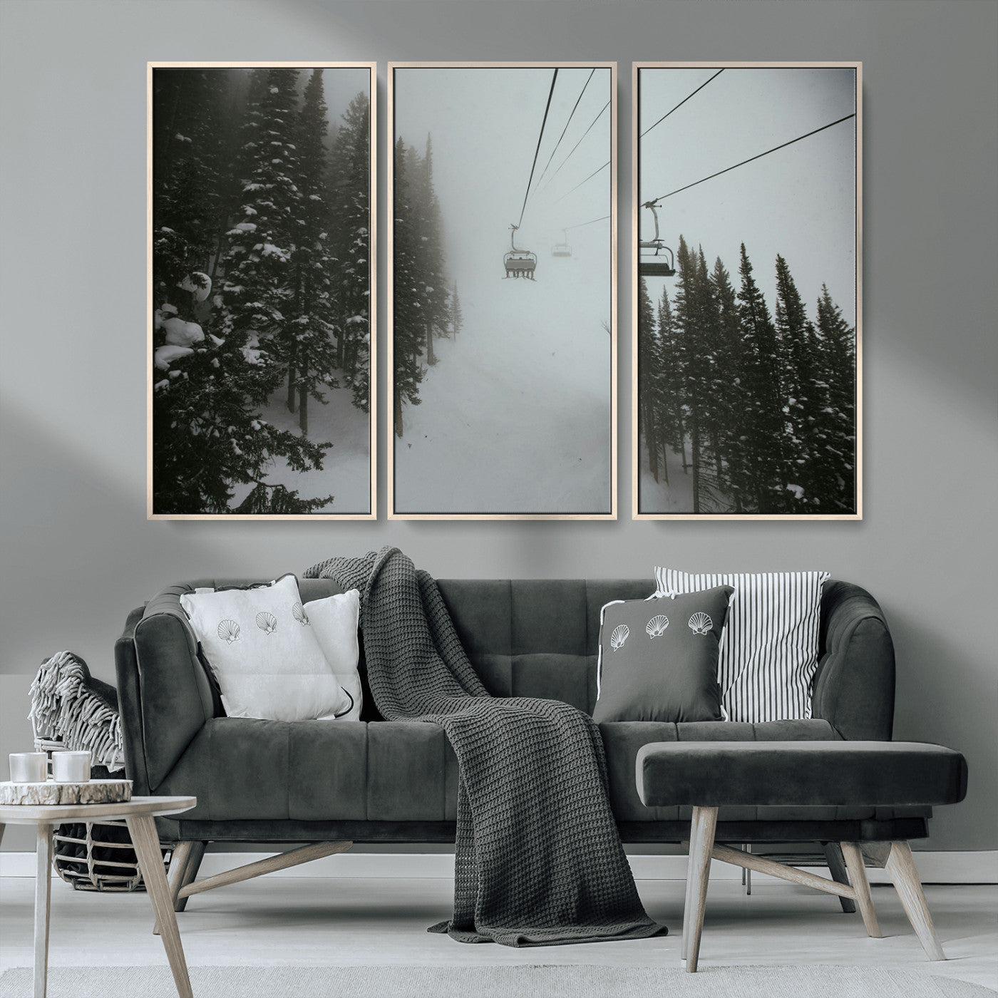 MGV-FC-48X32-3P - Ski Lift Wall Art Canvas Print, Framed Snowy Pines Art Picture Print, Misty Landscape Perfect Winter Serenity Decor Artwork