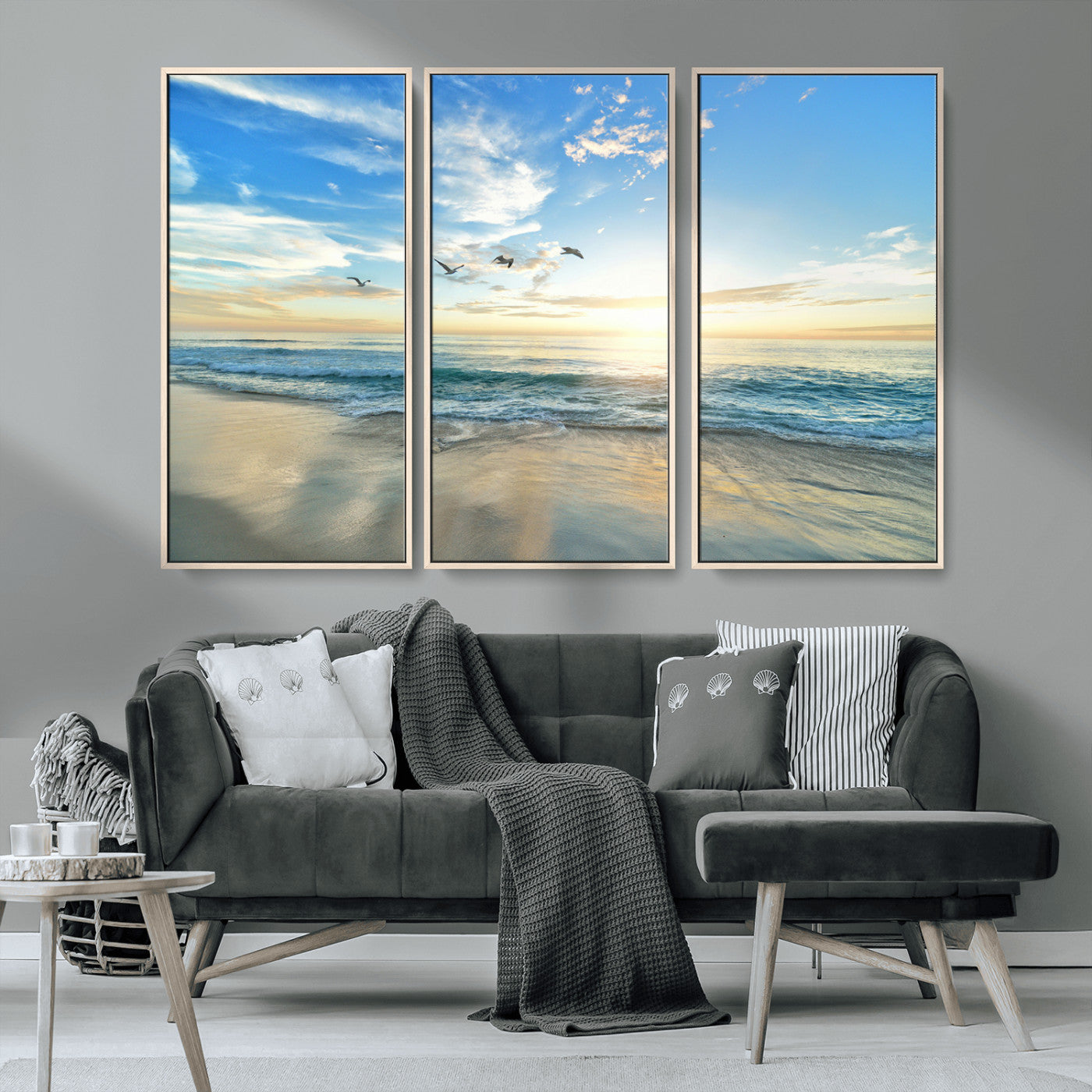 MGV-FC-48X32-3P - Minimalist Seaside Wall Art Canvas Print, Framed Morning Glow Art Picture Print, Golden Reflections Perfect Coastal Minimalist Decor Artwork