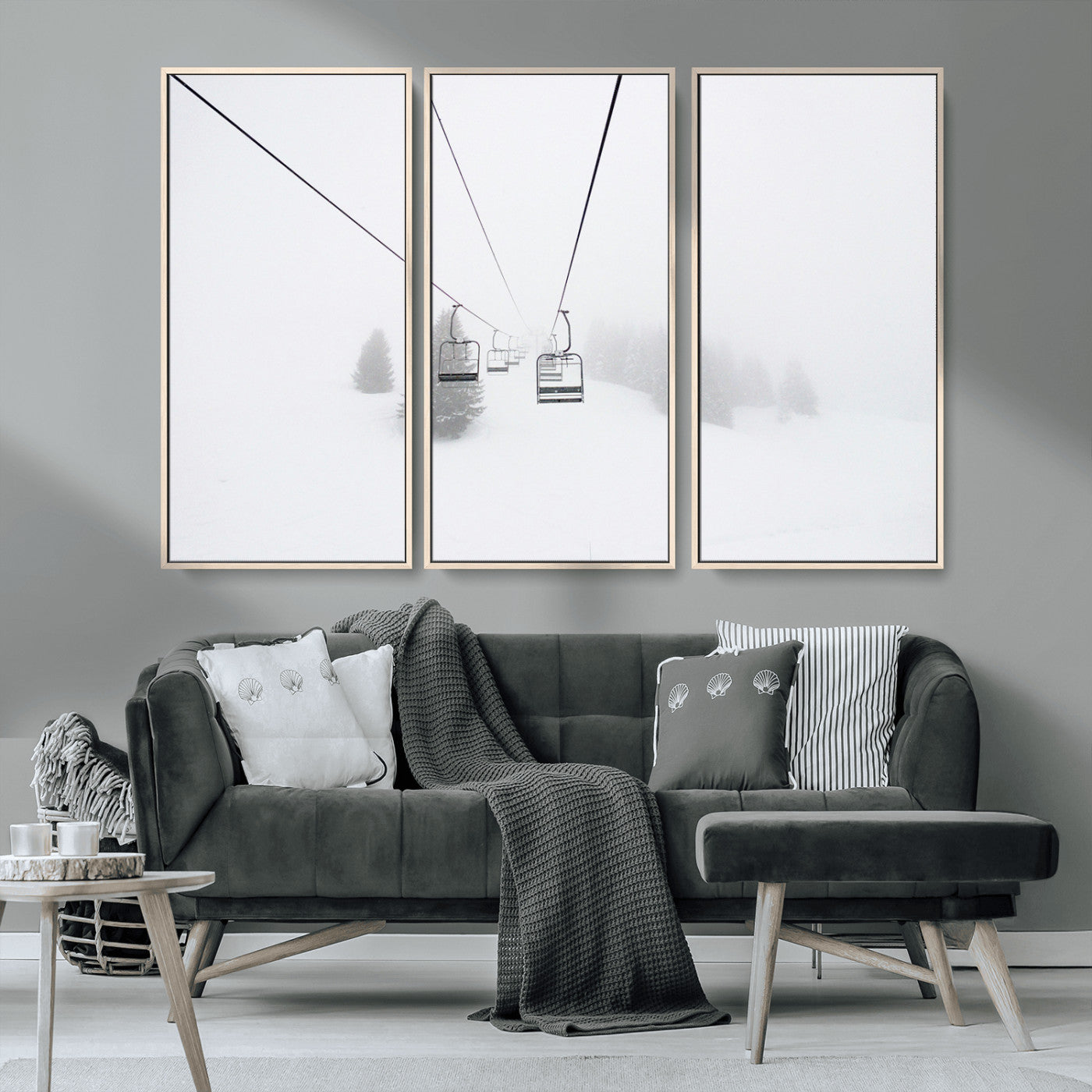 MGV-FC-48X32-3P - Ski Lift Wall Art Canvas Print, Framed Snowy Landscape Art Picture Print, Alpine Adventure Perfect Nordic Minimalist Decor Artwork
