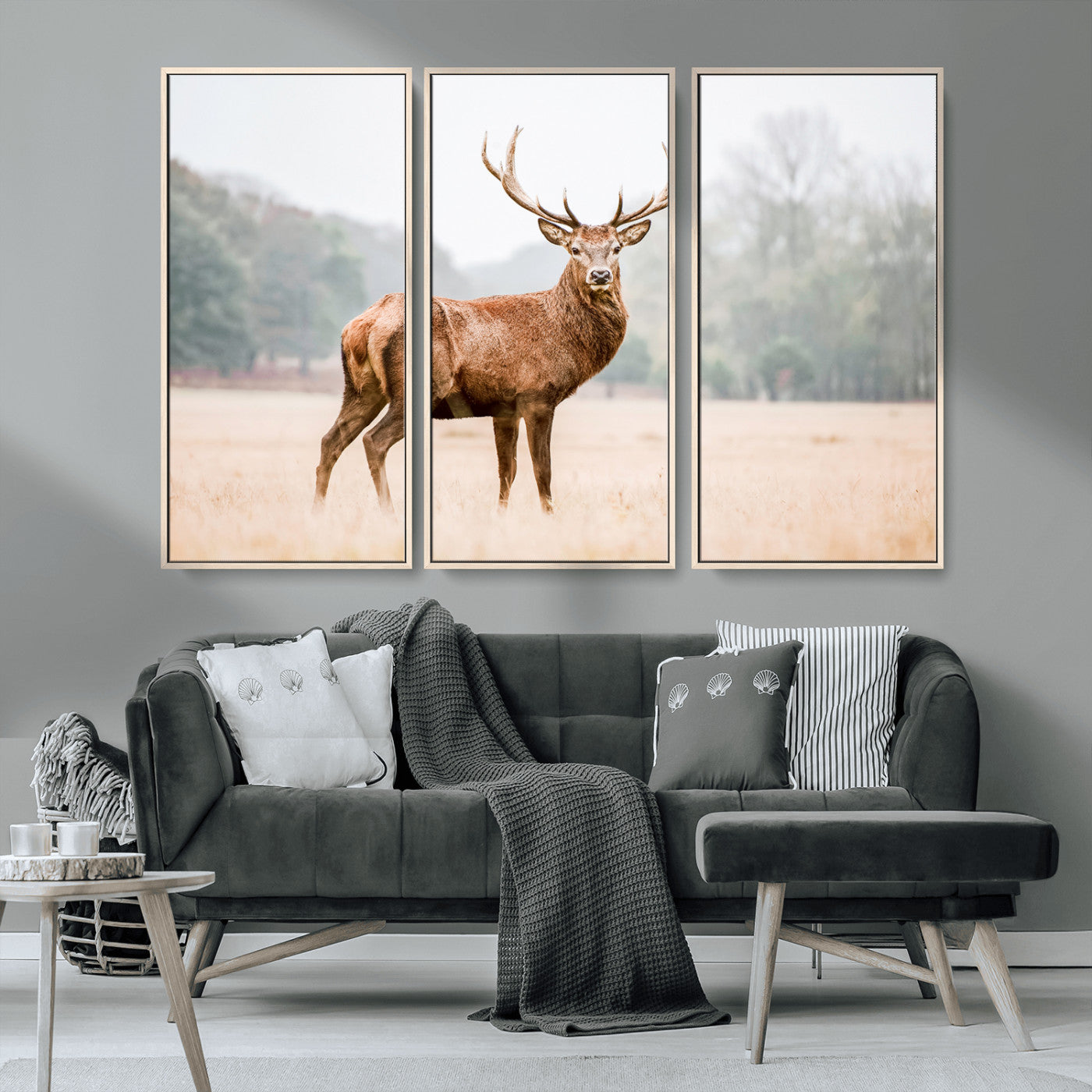 MGV-FC-48X32-3P - Vintage Wildlife Art Wall Art Canvas Print, Framed Misty Landscape Art Picture Print, Deer Wall Art Perfect Rustic Wildlife Decor Artwork