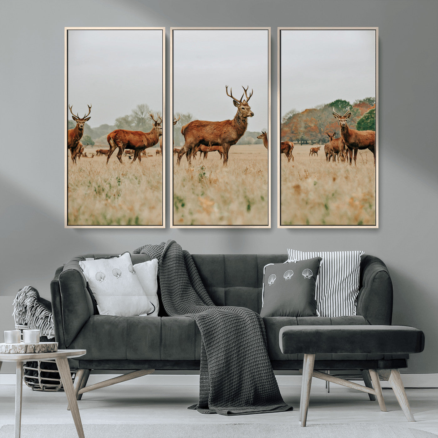 MGV-FC-48X32-3P - Rustic Deer Print Wall Art Canvas Print, Framed Autumn Nature Canvas Art Picture Print, Wildlife Art Print Perfect Rustic Wildlife Decor Artwork