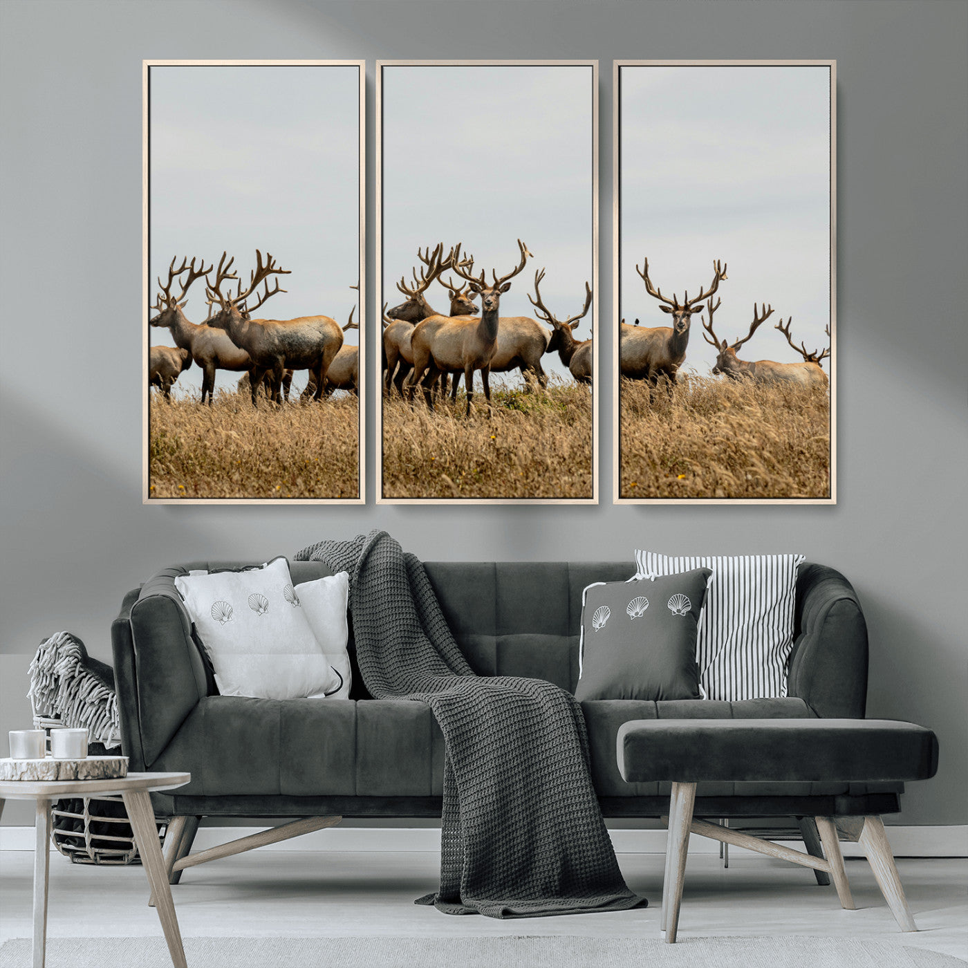 MGV-FC-48X32-3P - Elk Herd Wall Art Canvas Print, Framed Wildlife Photography Art Picture Print, Majestic Antlers Perfect Rustic Wildlife Decor Artwork