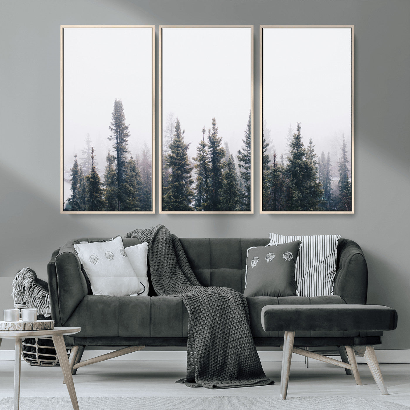 MGV-FC-48X32-3P - Foggy Forest Wall Art Canvas Print, Framed Misty Pines Art Picture Print, Moody Woodland Perfect Scandinavian Minimalist Decor Artwork