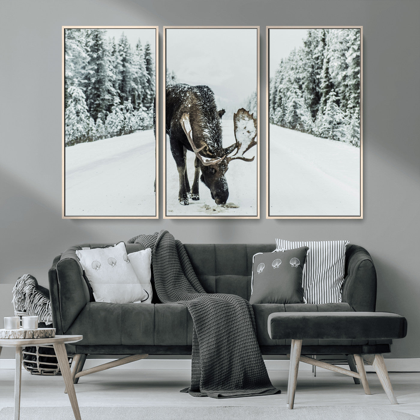 MGV-FC-48X32-3P - Moose in Snow Wall Art Canvas Print, Framed Winter Wildlife Art Picture Print, Snowy Forest Scene Perfect Rustic Lodge Decor Artwork