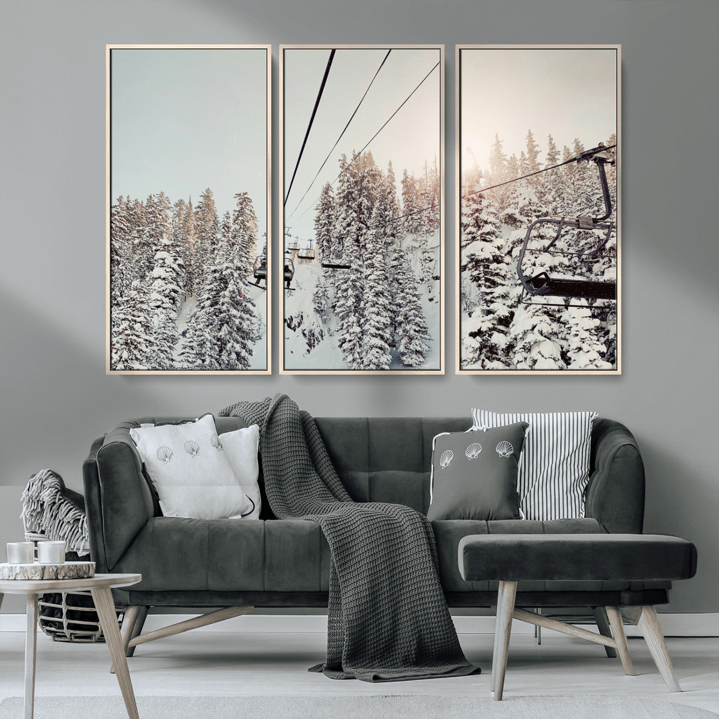 MGV-FC-48X32-3P - Frosty Pines Wall Art Canvas Print, Framed Cozy Cabin View Art Picture Print, Ski Lift Ride Perfect Rustic Lodge Decor Artwork