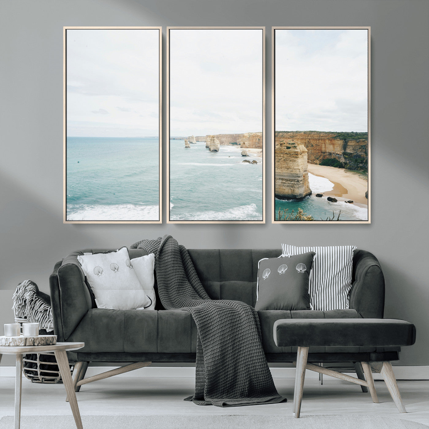MGV-FC-48X32-3P - Twelve Apostles Wall Art Canvas Print, Framed Coastal Cliffs Art Picture Print, Rugged Rock Formations Perfect Minimalist Coastal Decor Artwork
