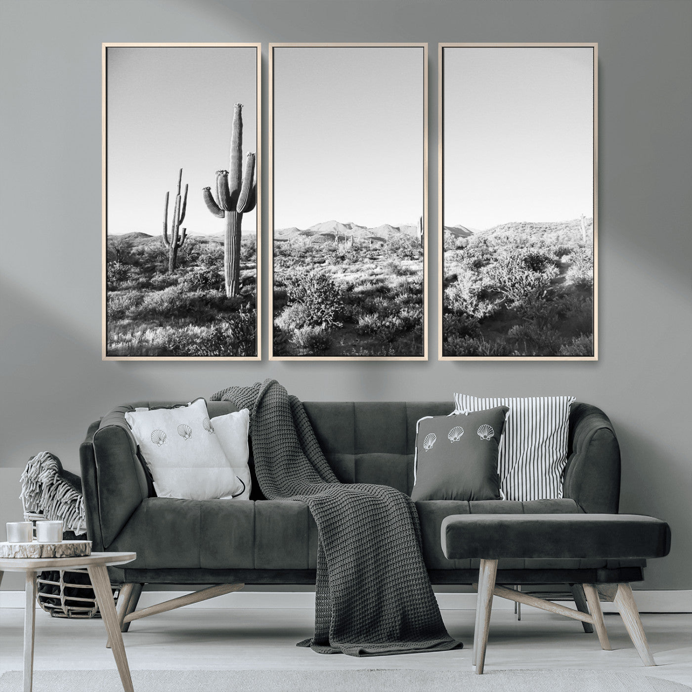 MGV-FC-48X32-3P - Saguaro Cactus Wall Art Canvas Print, Framed Monochrome Landscape Art Picture Print, Scenic Arizona View Perfect Minimalist Western Decor Artwork