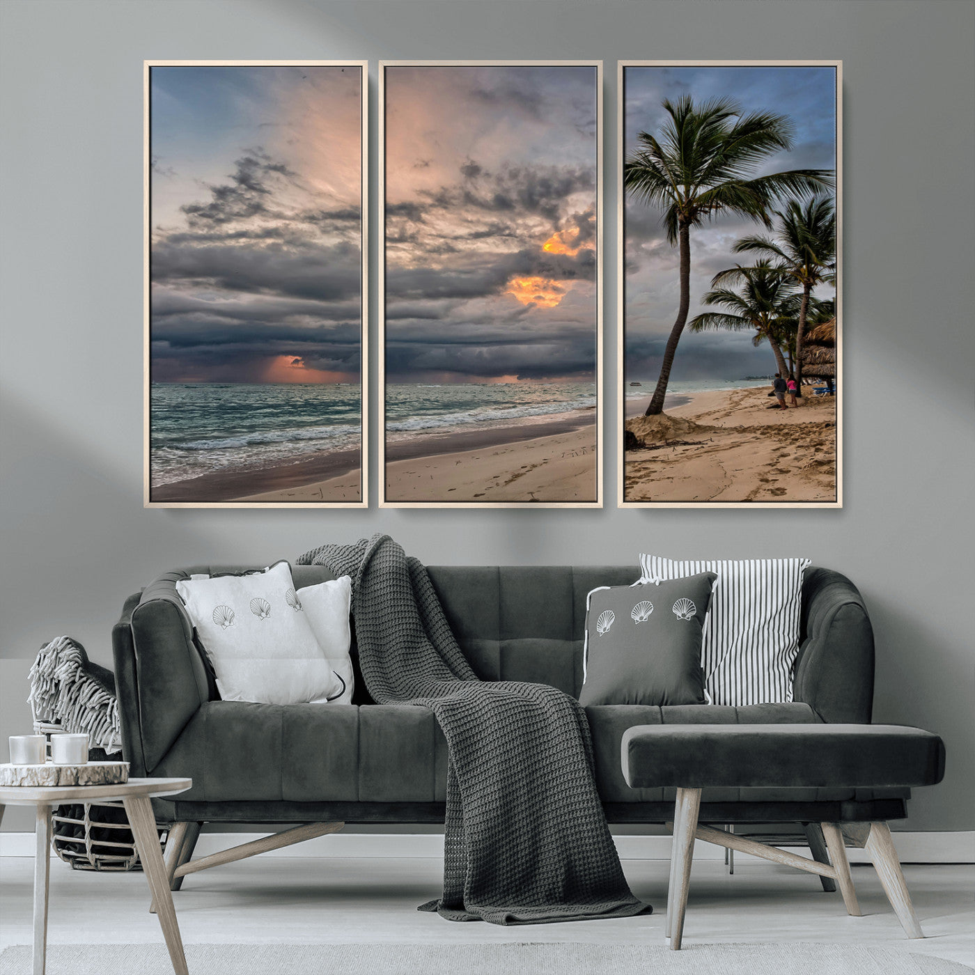MGV-FC-48X32-3P - Tropical Storm Wall Art Canvas Print, Framed Moody Beach Art Picture Print, Dramatic Sky Perfect Tropical Coastal Decor Artwork