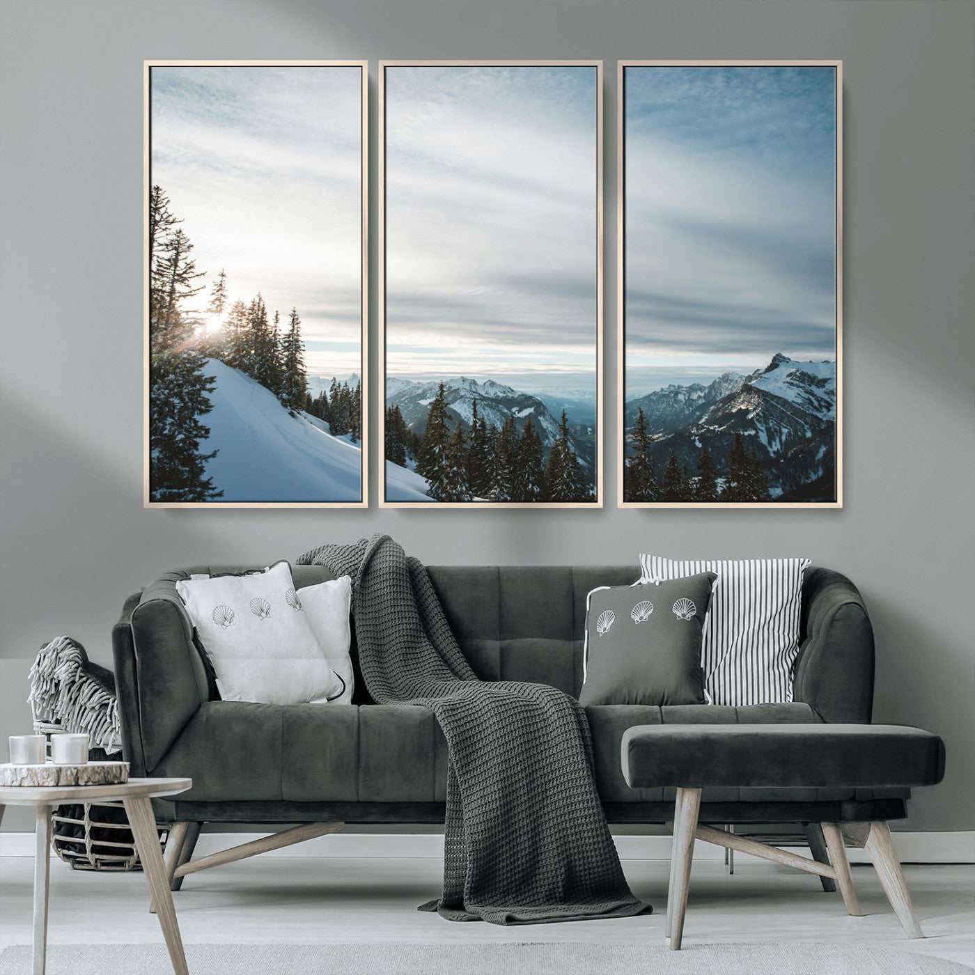 MGV-FC-48X32-3P - Snowy Mountains Wall Art Canvas Print, Framed Alpine Landscape Art Picture Print, Frosty Peaks Perfect Nordic Minimalist Decor Artwork