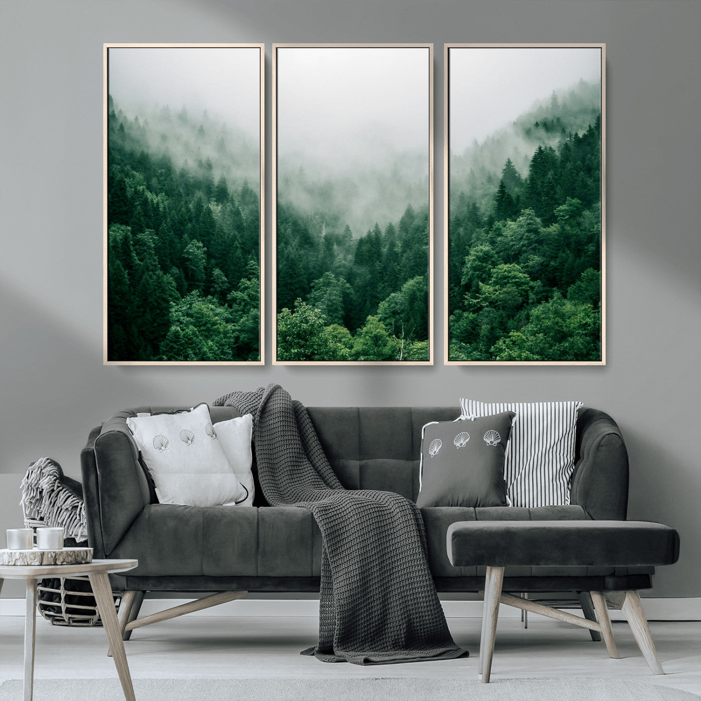 MGV-FC-48X32-3P - Misty Green Forest Canvas Print – Serene Foggy Pine Landscape Wall Art, Tranquil Nature Decor for