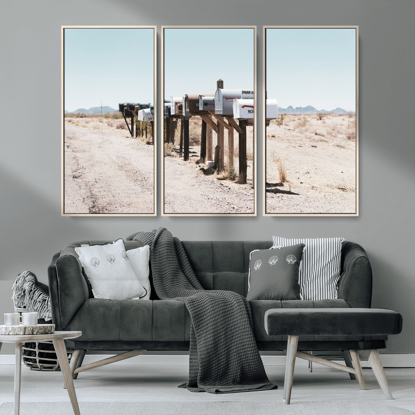 MGV-FC-48X32-3P - Desert Mailboxes Canvas Print – Minimal Western Landscape Photography, Rustic Americana Wall Art for