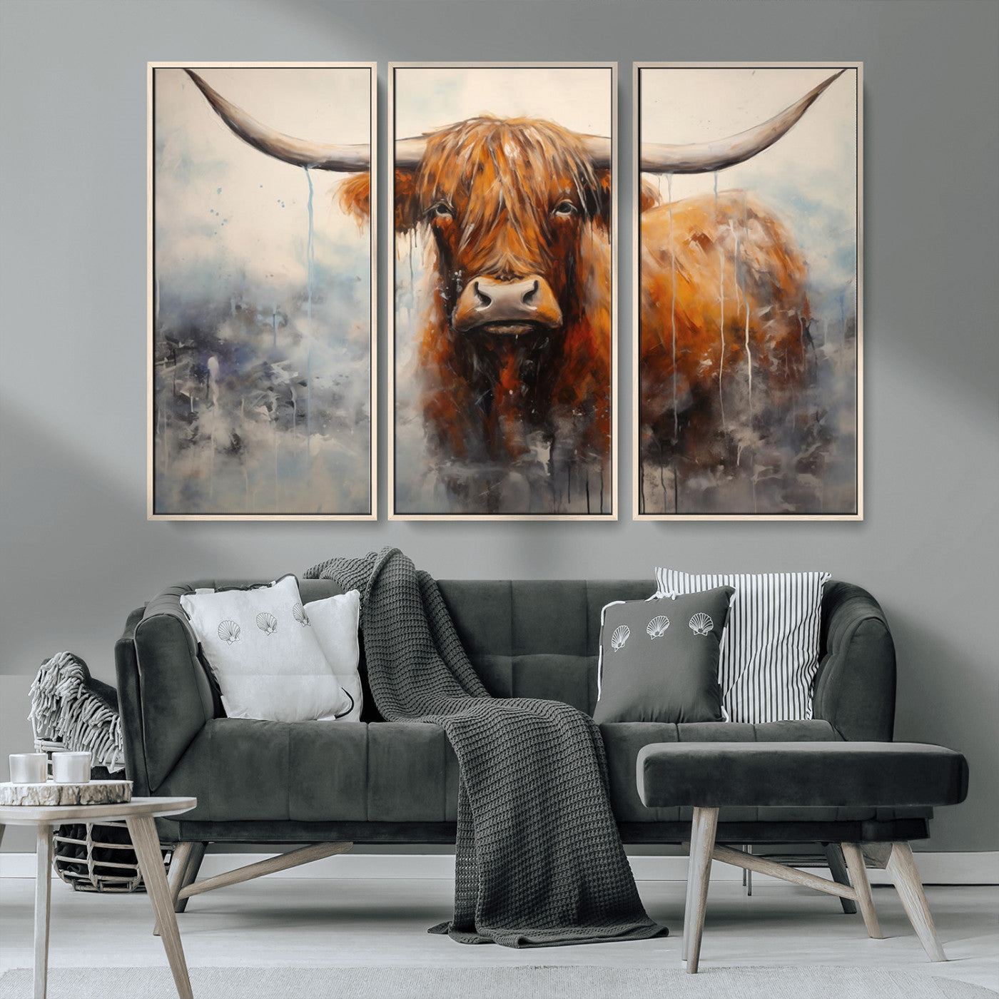 MGV-FC-48X32-3P - Scottish Highland Wall Art Canvas Print, Framed Longhorn Art Picture Print, Western Cow Perfect Farmhouse Decor Artwork
