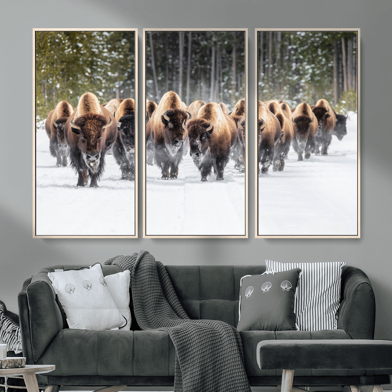 96906195-MGV-FC-48X32-3P - American Bison Herd Snow Canvas Wall Art – Powerful Winter Wildlife Print of Buffalo Motion, Rustic Lodge or Western Cabin Decor for Living Room, Office