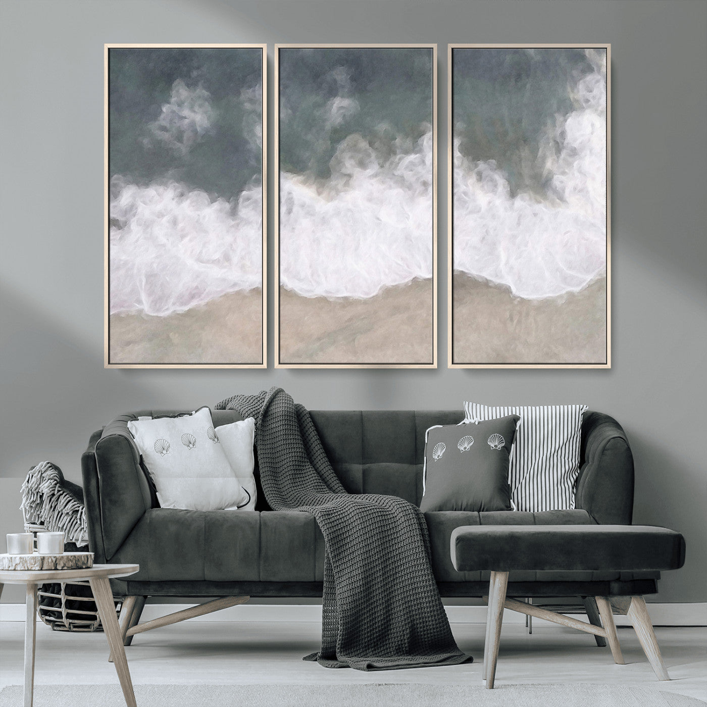 Wall art canvas print featuring foamy ocean waves softly rolling onto a sandy shore with a dreamy, painterly texture.